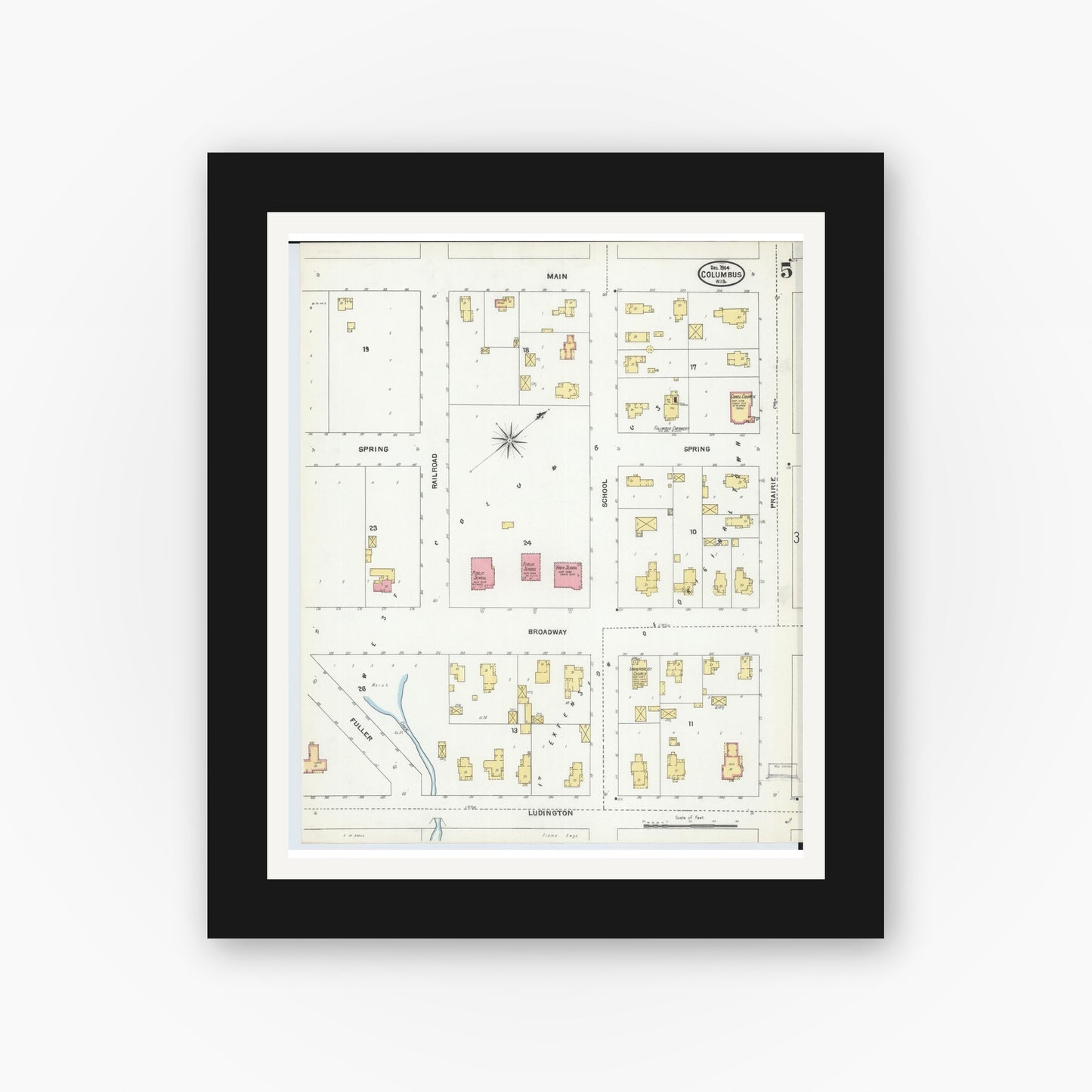 Old map wall art mockup — black gallery frame with white mat — Sanborn Fire Insurance Map from Columbus, Columbia and Dodge County, Wisconsin (1904), Sheet #0005