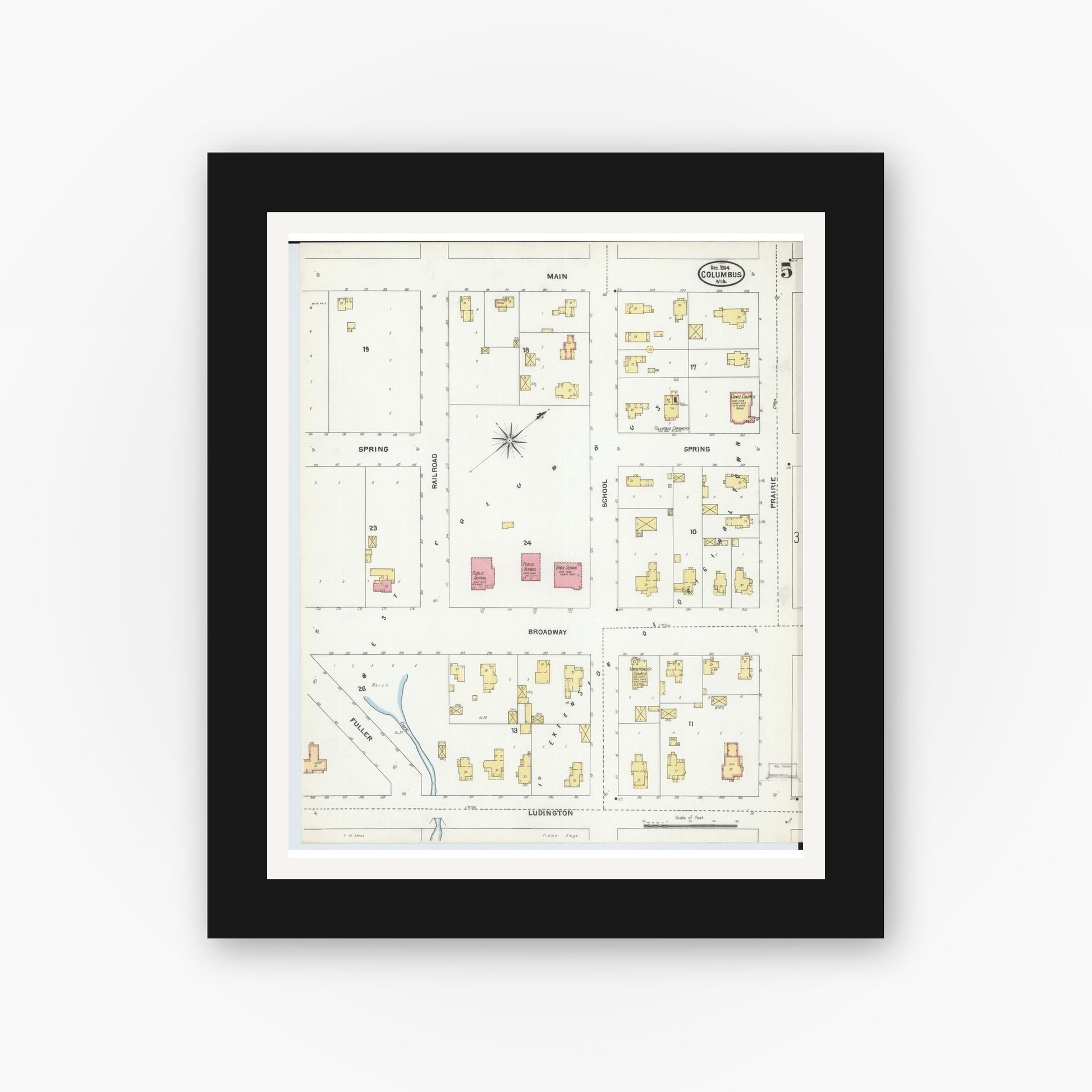 Old map wall art mockup — black gallery frame with white mat — Sanborn Fire Insurance Map from Columbus, Columbia and Dodge County, Wisconsin (1904), Sheet #0005