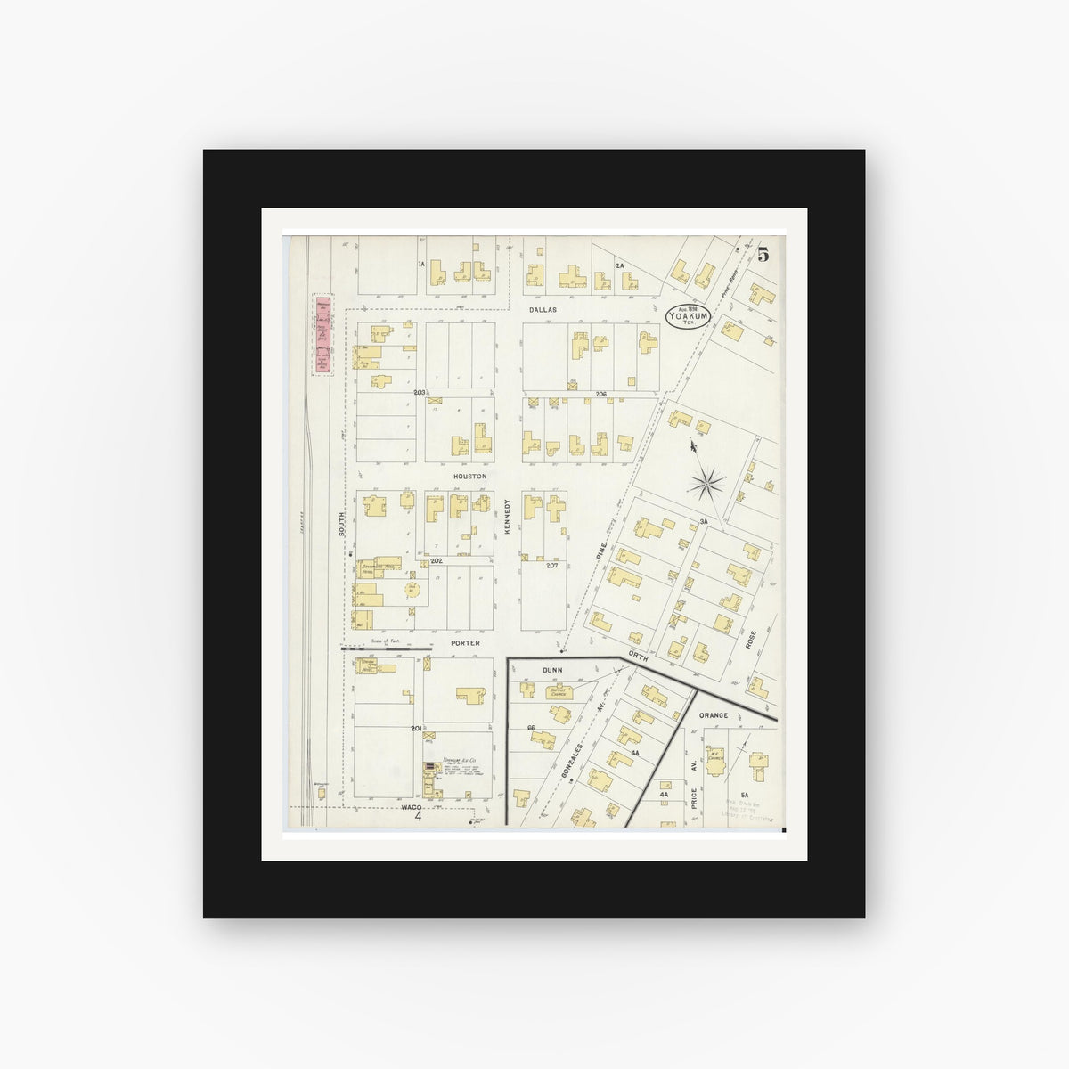 Old map wall art mockup — black gallery frame with white mat — Sanborn Fire Insurance Map from Yoakum, De Witt And Lavaca Counties, Texas (1898), Sheet #0005