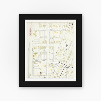 Old map wall art mockup — black gallery frame with white mat — Sanborn Fire Insurance Map from Yoakum, De Witt And Lavaca Counties, Texas (1898), Sheet #0005