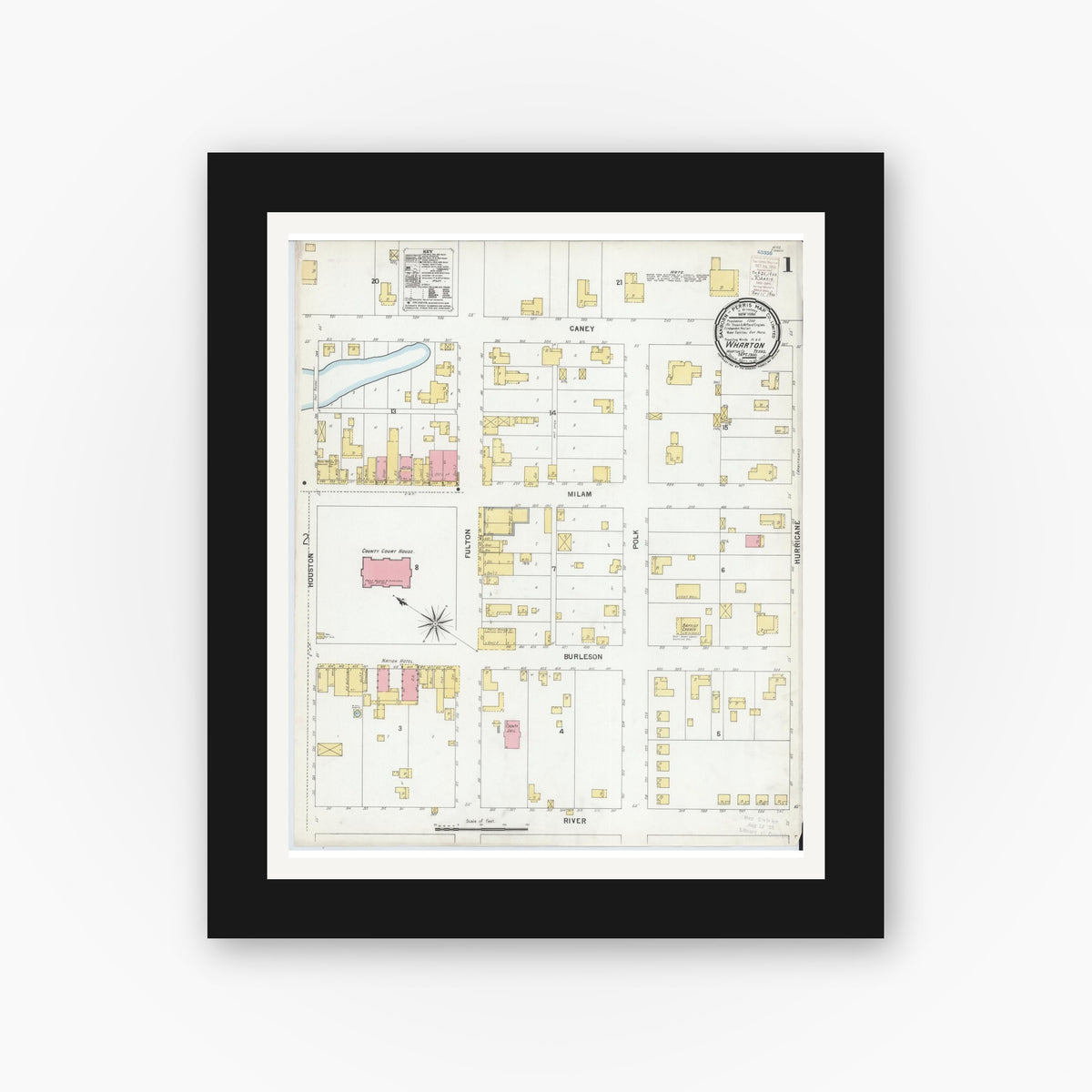 Old map wall art mockup — black gallery frame with white mat — Sanborn Fire Insurance Map from Wharton, Wharton County, Texas (1900), Sheet #0001