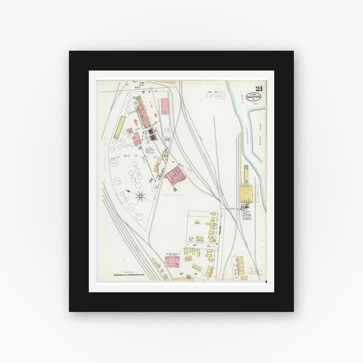 Old map wall art mockup — black gallery frame with white mat — Sanborn Fire Insurance Map from Bradford, McKean County, Pennsylvania (1899), Sheet #0021