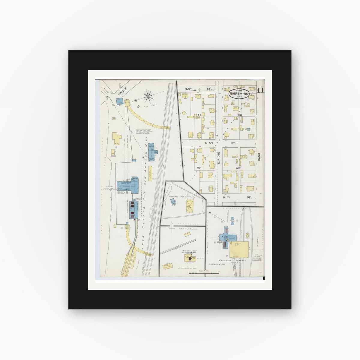 Old map wall art mockup — black gallery frame with white mat — Sanborn Fire Insurance Map from Ishpeming, Marquette County, Michigan (1892), Sheet #0011