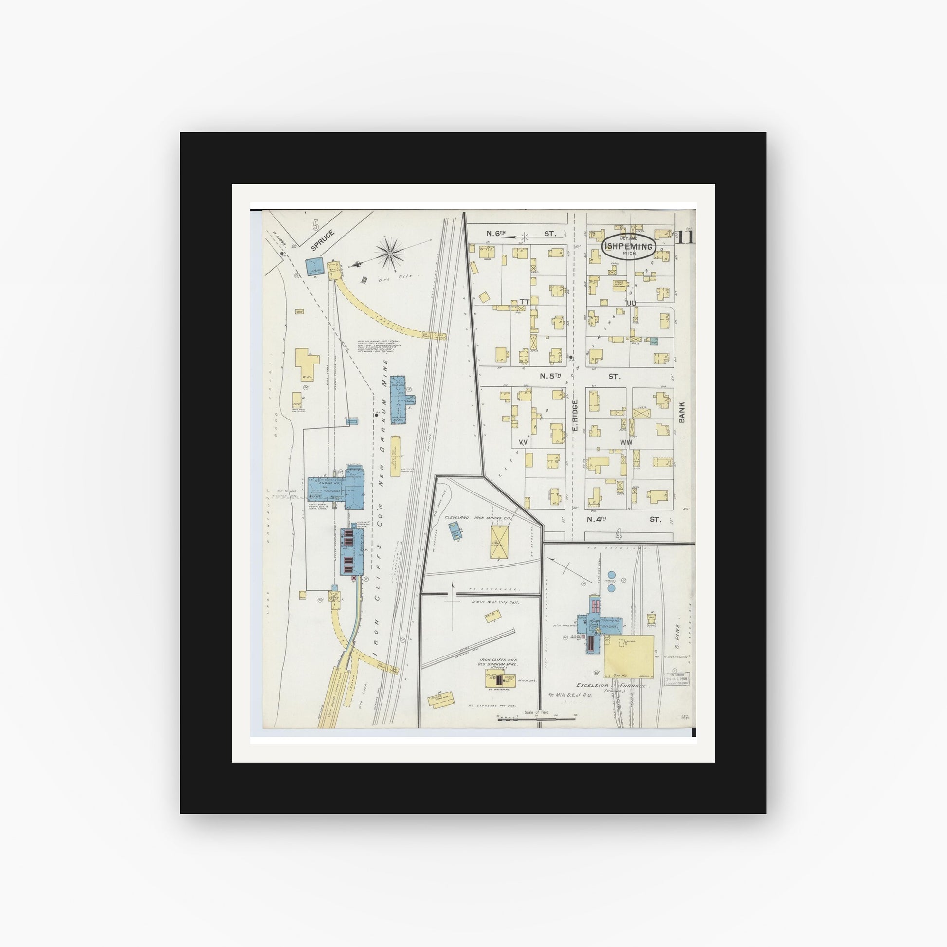 Old map wall art mockup — black gallery frame with white mat — Sanborn Fire Insurance Map from Ishpeming, Marquette County, Michigan (1892), Sheet #0011