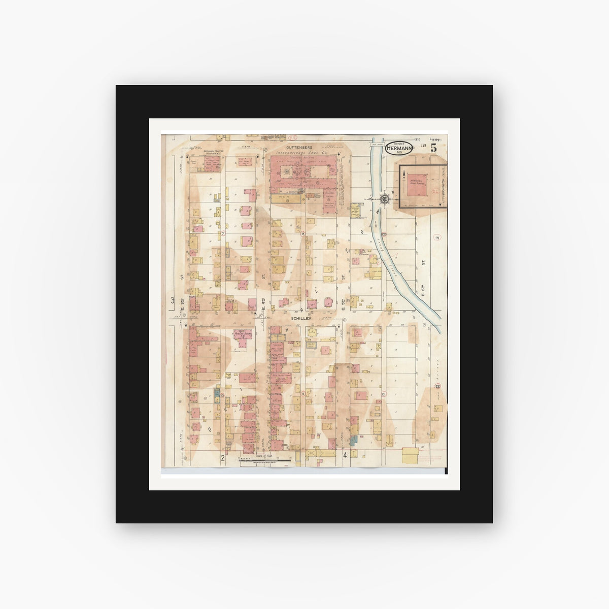 Old map wall art mockup — black gallery frame with white mat — Sanborn Fire Insurance Map from Hermann, Gasconade County, Missouri (1932), Sheet #0005