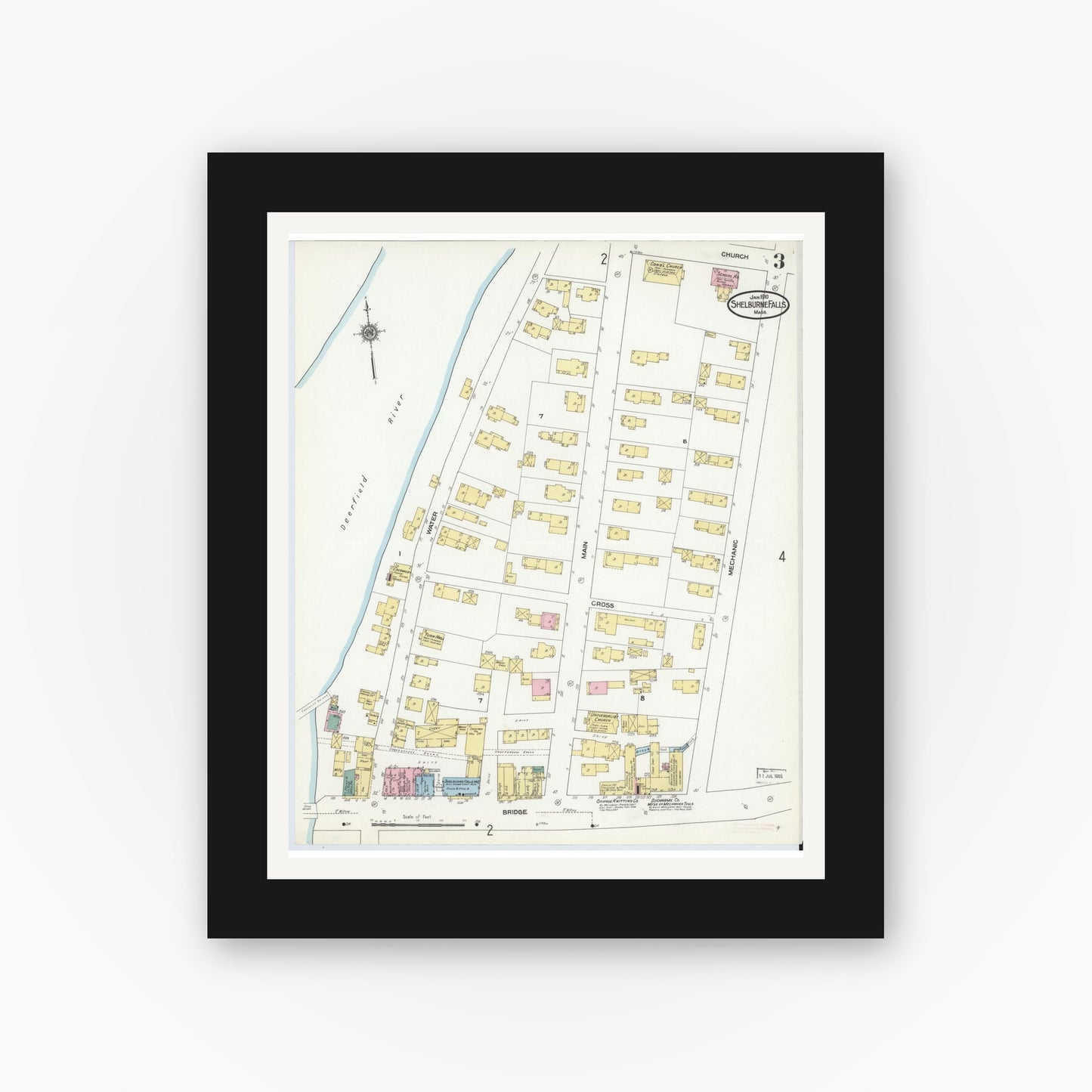 Old map wall art mockup — black gallery frame with white mat — Sanborn Fire Insurance Map from Shelburne Falls, Franklin County, Massachusetts (1910), Sheet #0003