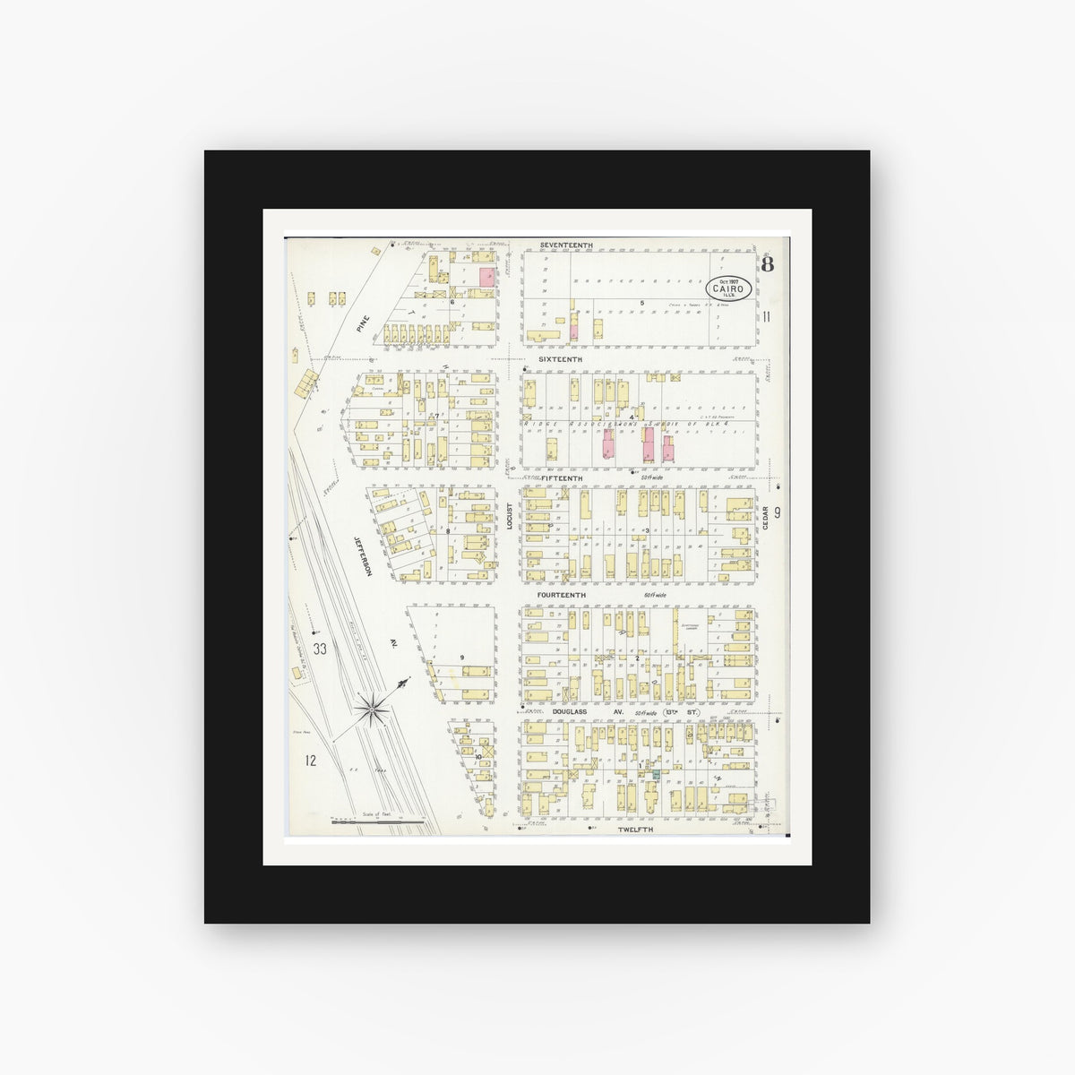Old map wall art mockup — black gallery frame with white mat — Sanborn Fire Insurance Map from Cairo, Alexander County, Illinois (1907), Sheet #0008