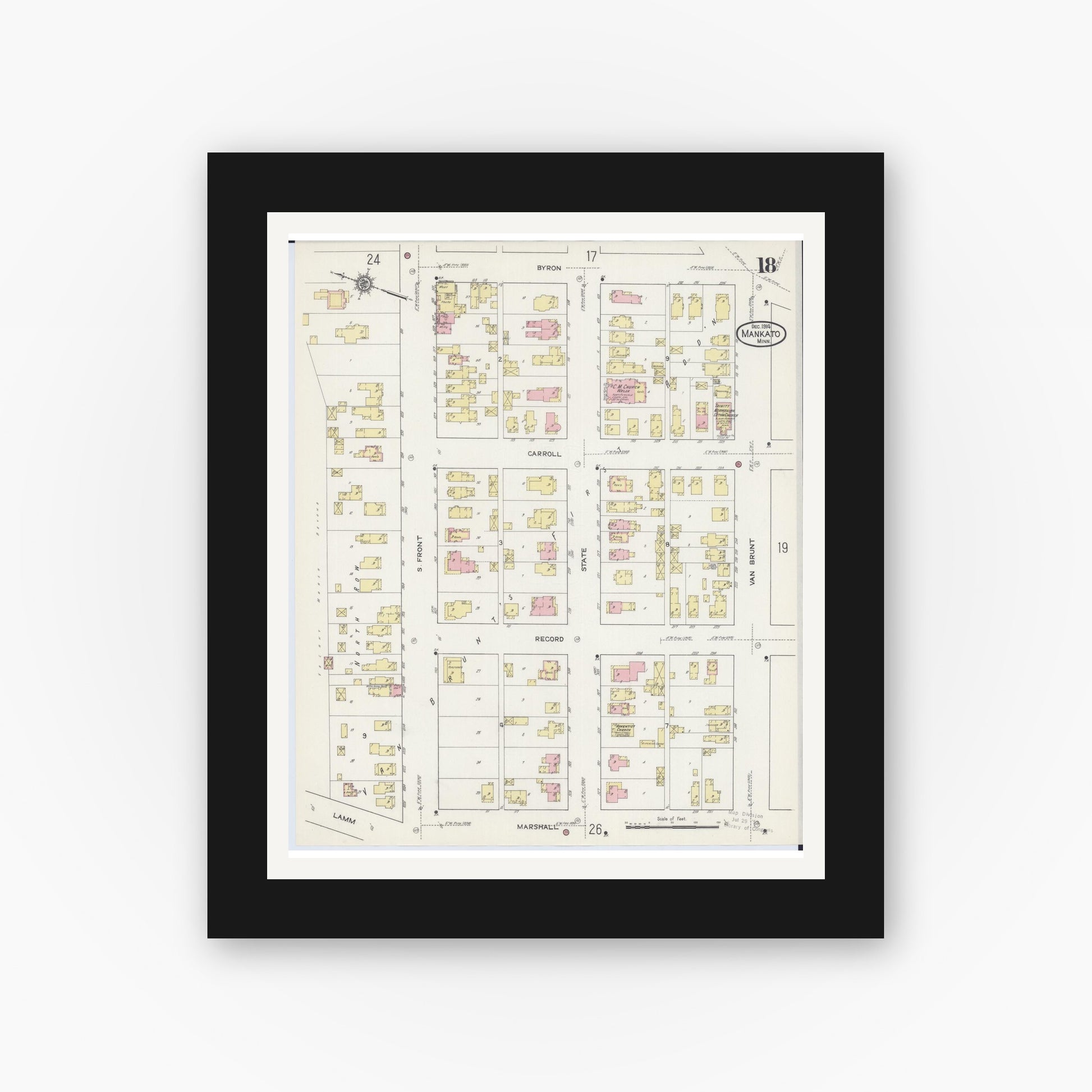 Old map wall art mockup — black gallery frame with white mat — Sanborn Fire Insurance Map from Mankato, Blue Earth County, Minnesota (1914), Sheet #0018