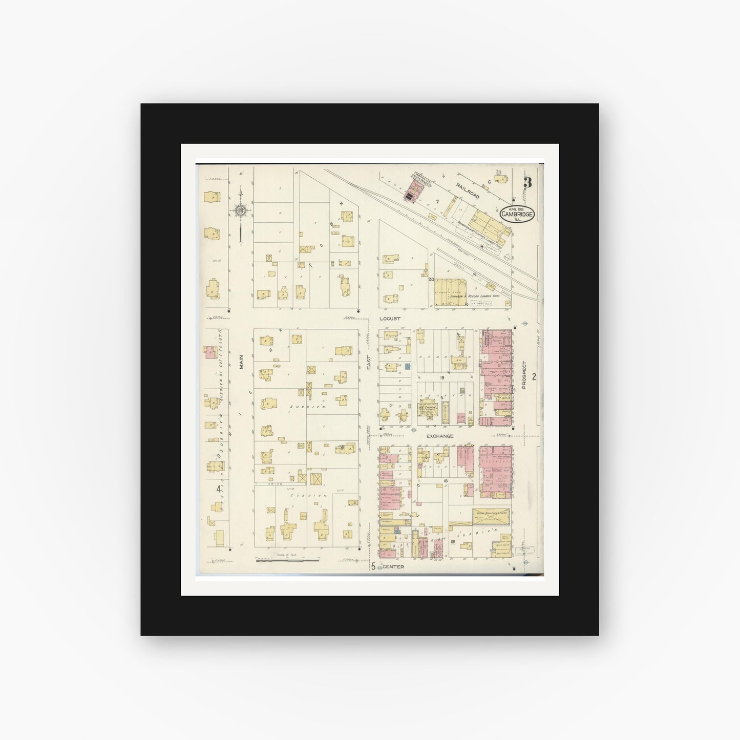 Old map wall art mockup — black gallery frame with white mat — Sanborn Fire Insurance Map from Cambridge, Henry County, Illinois (1913), Sheet #0003