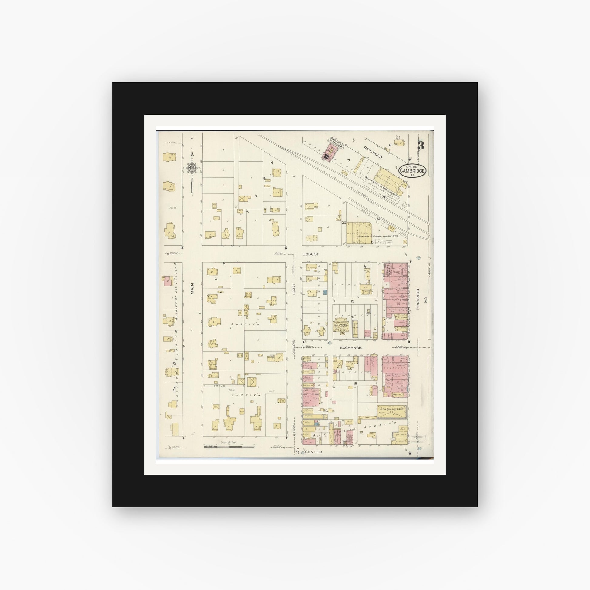 Old map wall art mockup — black gallery frame with white mat — Sanborn Fire Insurance Map from Cambridge, Henry County, Illinois (1913), Sheet #0003