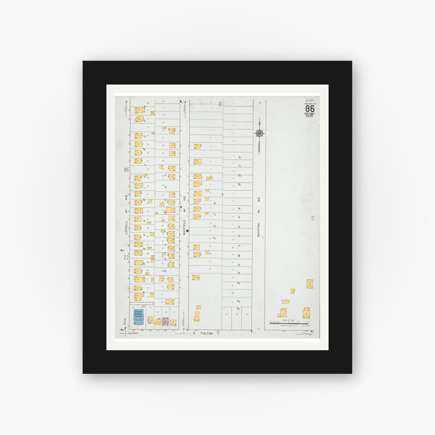 Old map wall art mockup — black gallery frame with white mat — Sanborn Fire Insurance Map from Grand Rapids, Kent County, Michigan (1923), Sheet #0086