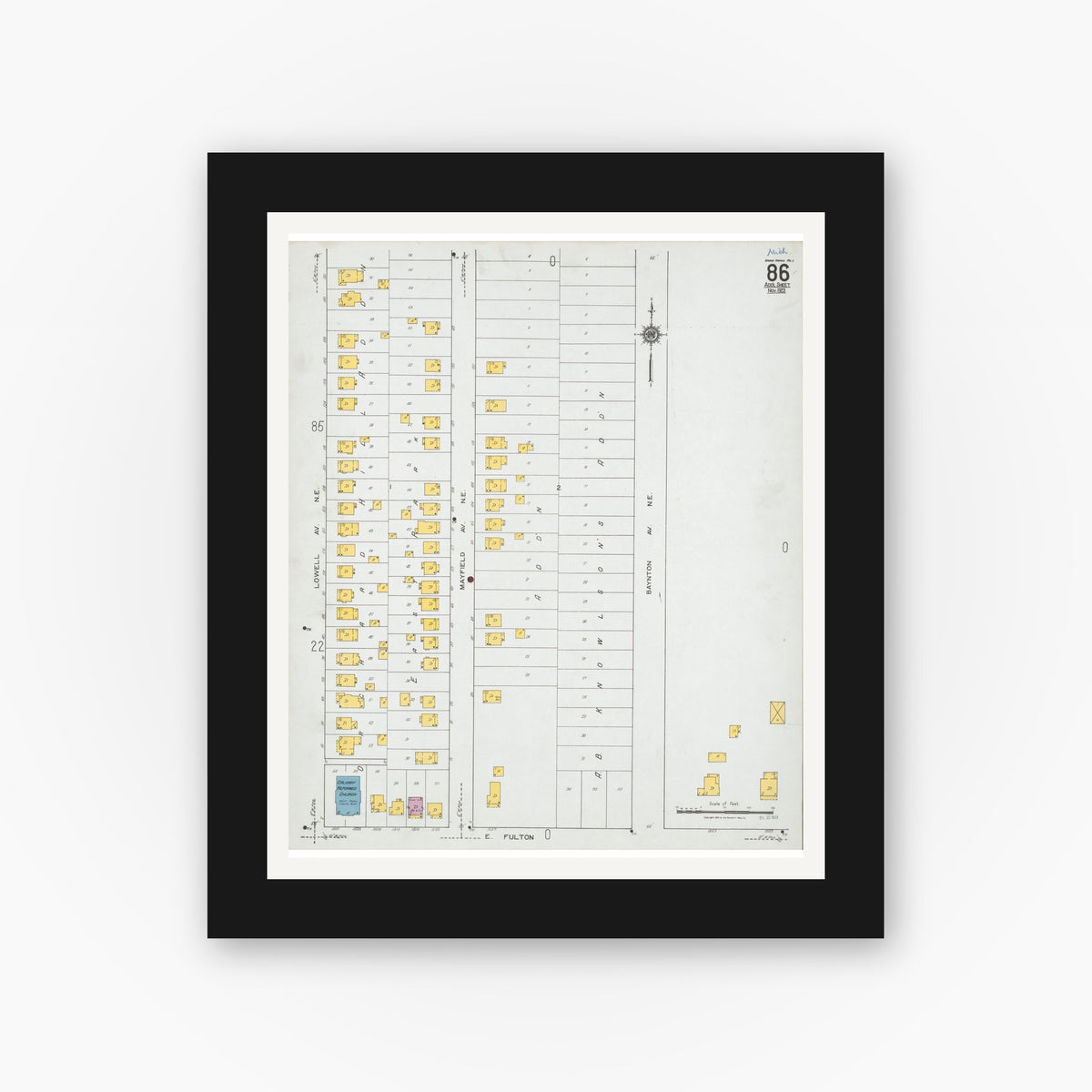 Old map wall art mockup — black gallery frame with white mat — Sanborn Fire Insurance Map from Grand Rapids, Kent County, Michigan (1923), Sheet #0086