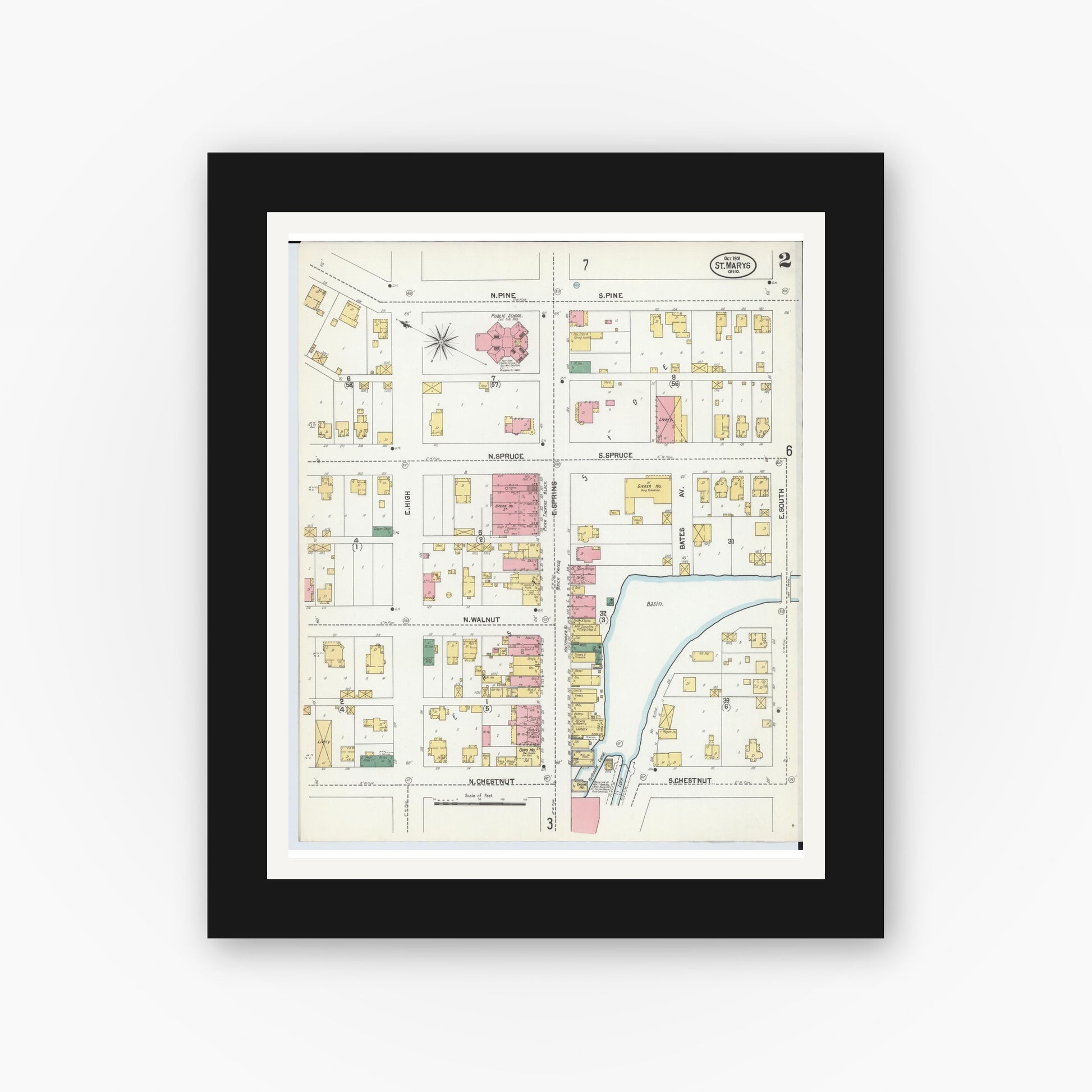 Old map wall art mockup — black gallery frame with white mat — Sanborn Fire Insurance Map from Saint Marys, Auglaize County, Ohio (1901), Sheet #0002