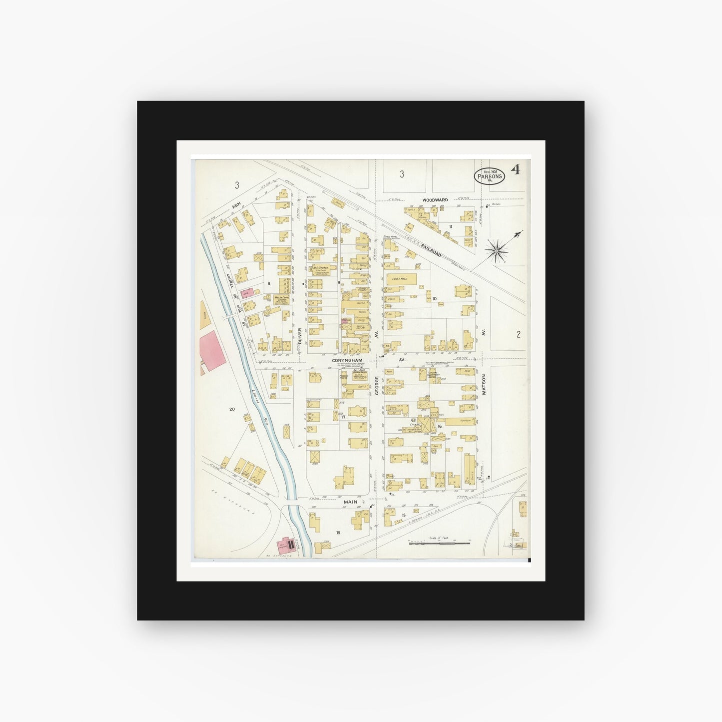 Old map wall art mockup — black gallery frame with white mat — Sanborn Fire Insurance Map from Parsons, Luzerne County, Pennsylvania (1908), Sheet #0004