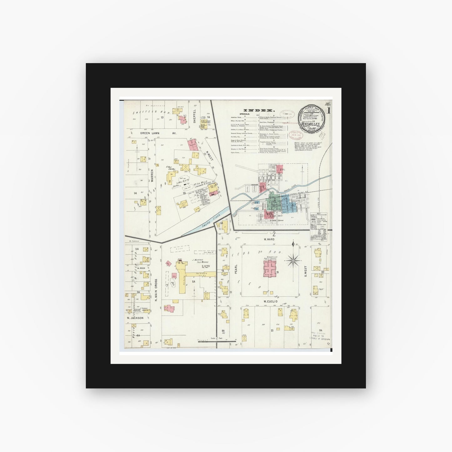 Old map wall art mockup — black gallery frame with white mat — Sanborn Fire Insurance Map from Versailles, Darke County, Ohio (1898), Sheet #0001