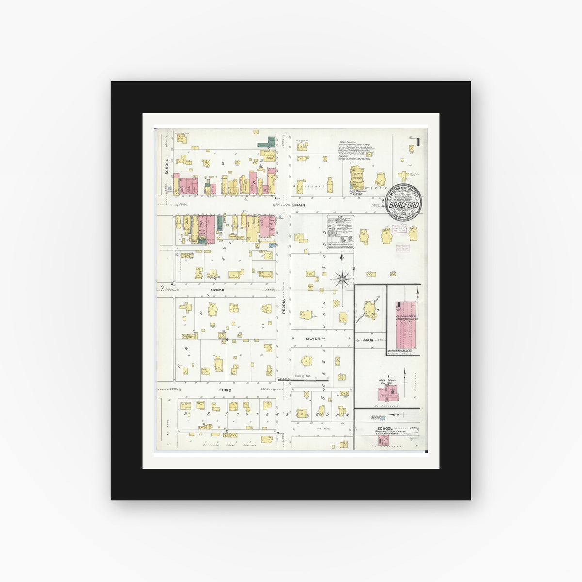 Old map wall art mockup — black gallery frame with white mat — Sanborn Fire Insurance Map from Bradford, Stark County, Illinois (1909) - Complete Map Set