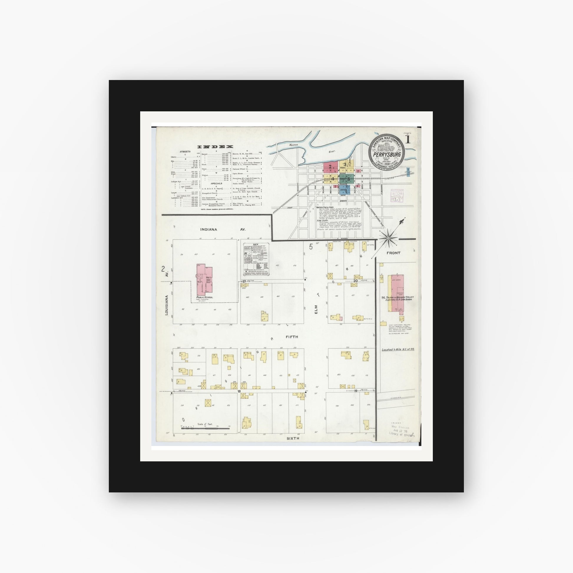 Old map wall art mockup — black gallery frame with white mat — Sanborn Fire Insurance Map from Perrysburg, Wood County, Ohio (1908), Sheet #0001