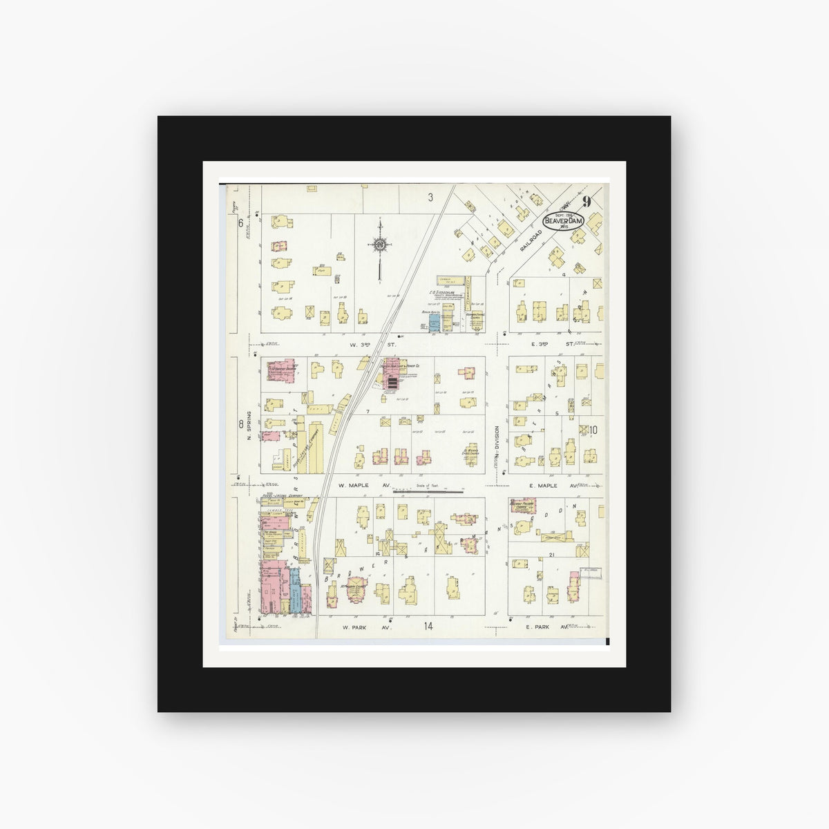 Old map wall art mockup — black gallery frame with white mat — Sanborn Fire Insurance Map from Beaver Dam, Dodge County, Wisconsin (1914), Sheet #0009