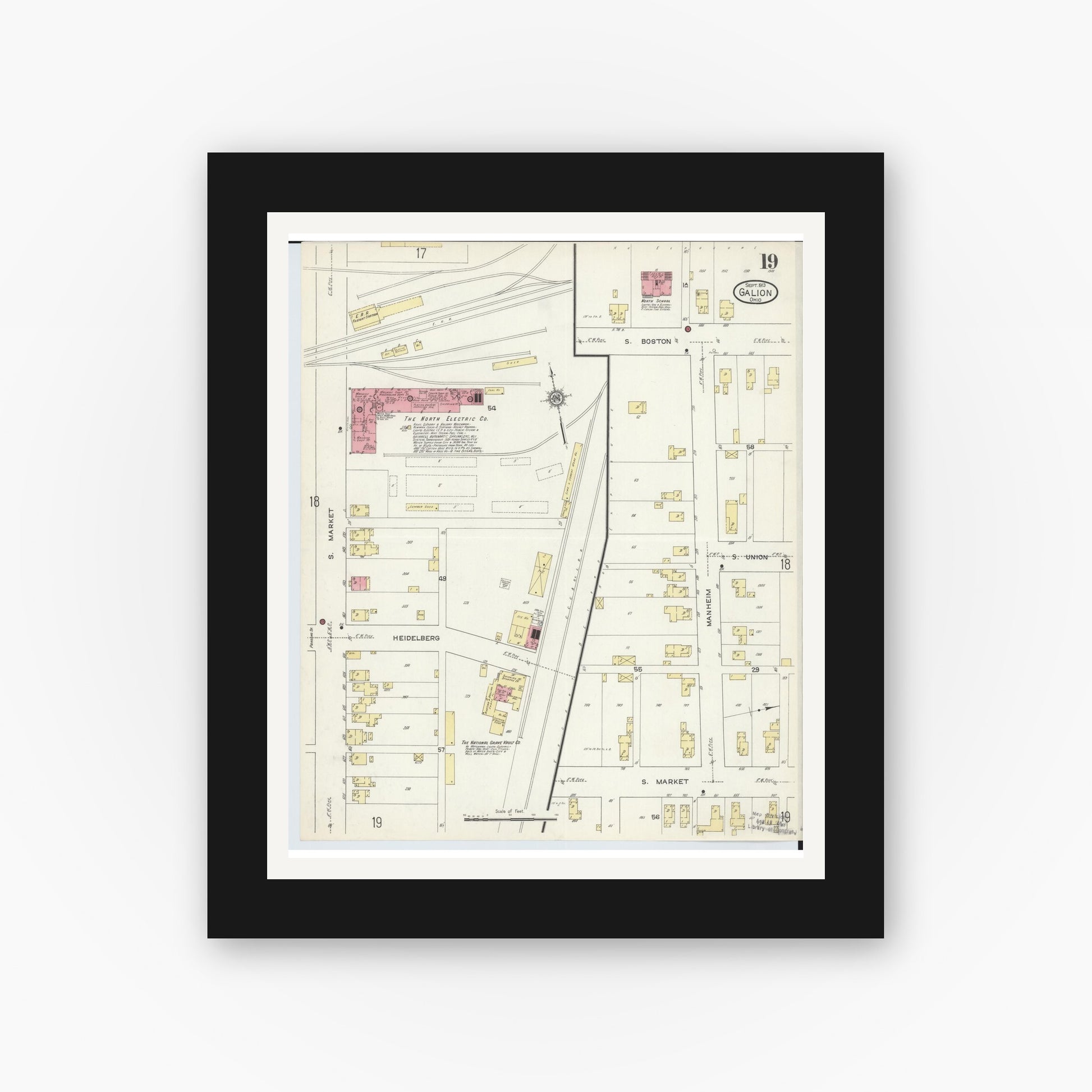 Old map wall art mockup — black gallery frame with white mat — Sanborn Fire Insurance Map from Galion, Crawford County, Ohio (1913), Sheet #0019