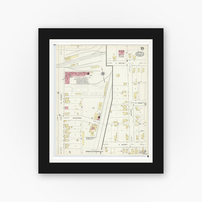Old map wall art mockup — black gallery frame with white mat — Sanborn Fire Insurance Map from Galion, Crawford County, Ohio (1913), Sheet #0019