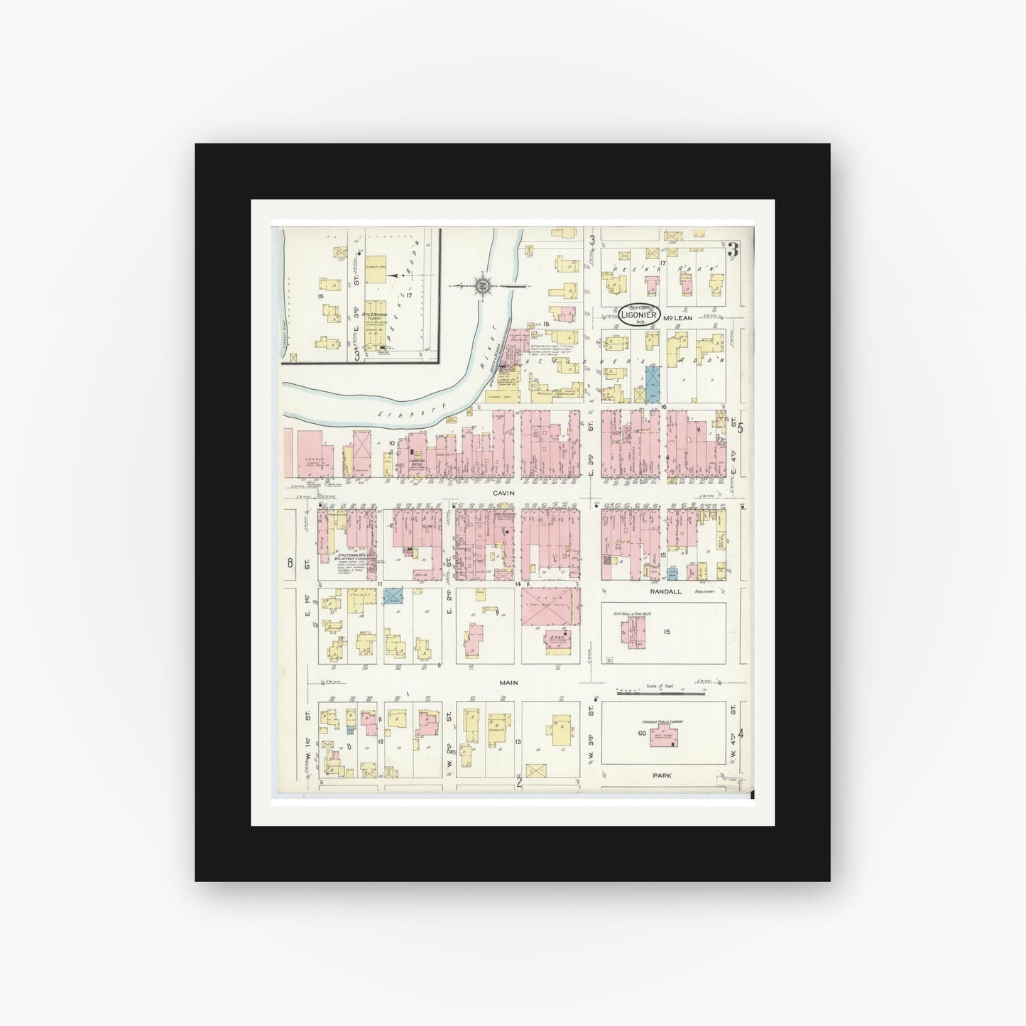 Old map wall art mockup — black gallery frame with white mat — Sanborn Fire Insurance Map from Ligonier, Noble County, Indiana (1914), Sheet #0003