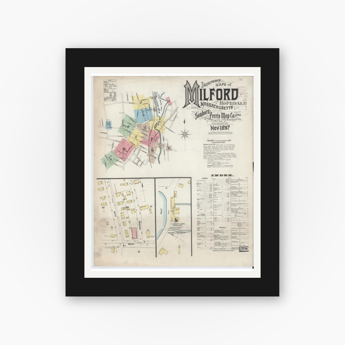 Old map wall art mockup — black gallery frame with white mat — Sanborn Fire Insurance Map from Milford, Worcester County, Massachusetts (1897) - Complete Map Set