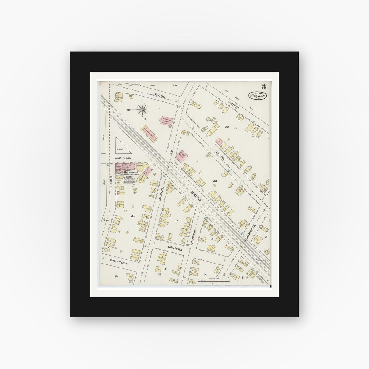 Old map wall art mockup — black gallery frame with white mat — Sanborn Fire Insurance Map from Rahway, Union County, New Jersey (1886), Sheet #0003