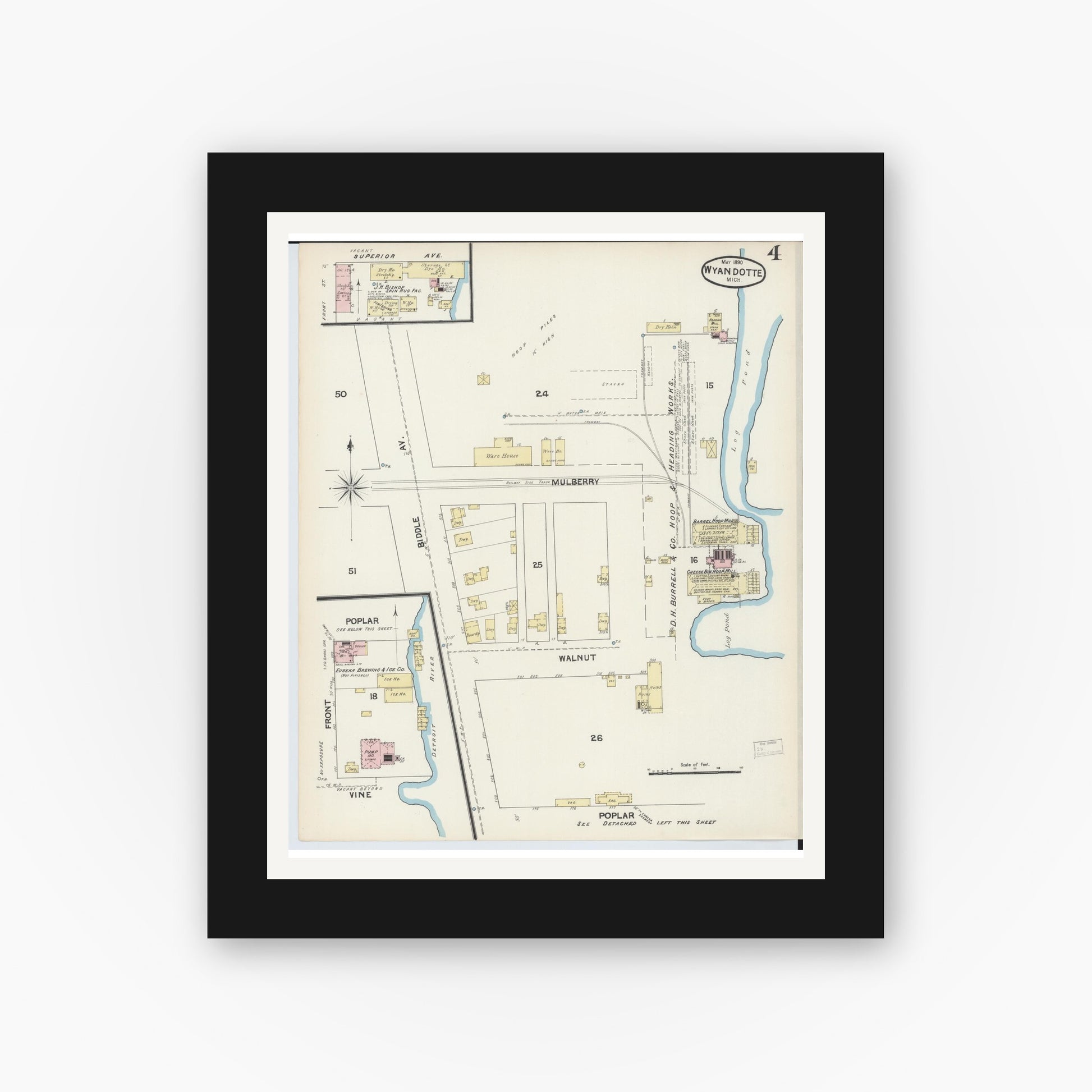 Old map wall art mockup — black gallery frame with white mat — Sanborn Fire Insurance Map from Wyandotte, Wayne County, Michigan (1890), Sheet #0004