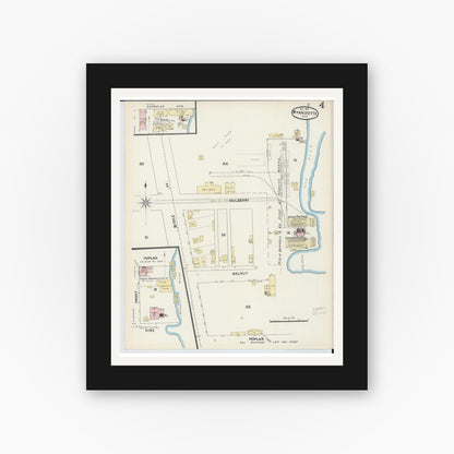 Old map wall art mockup — black gallery frame with white mat — Sanborn Fire Insurance Map from Wyandotte, Wayne County, Michigan (1890), Sheet #0004