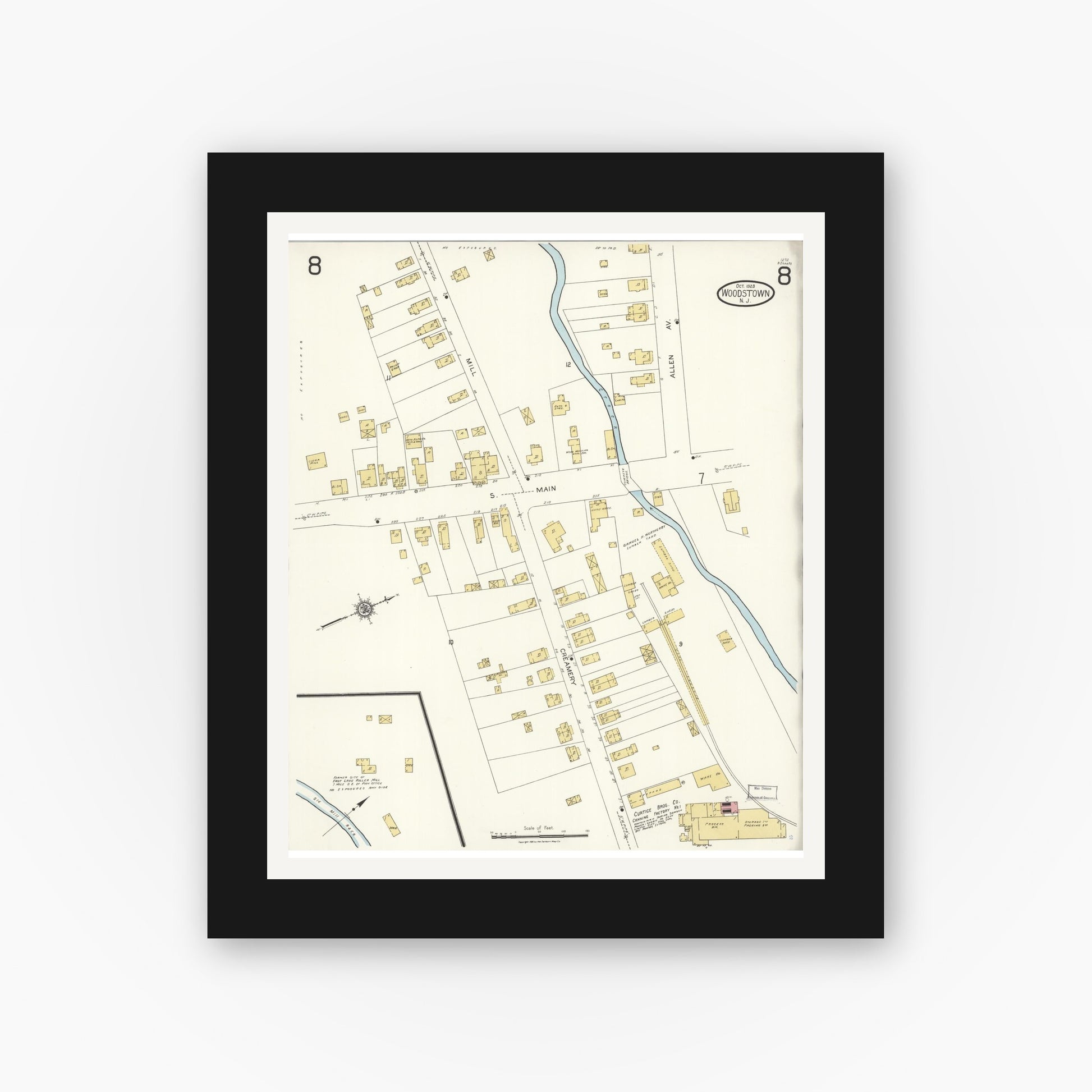 Old map wall art mockup — black gallery frame with white mat — Sanborn Fire Insurance Map from Woodstown, Salem County, New Jersey (1923), Sheet #0008