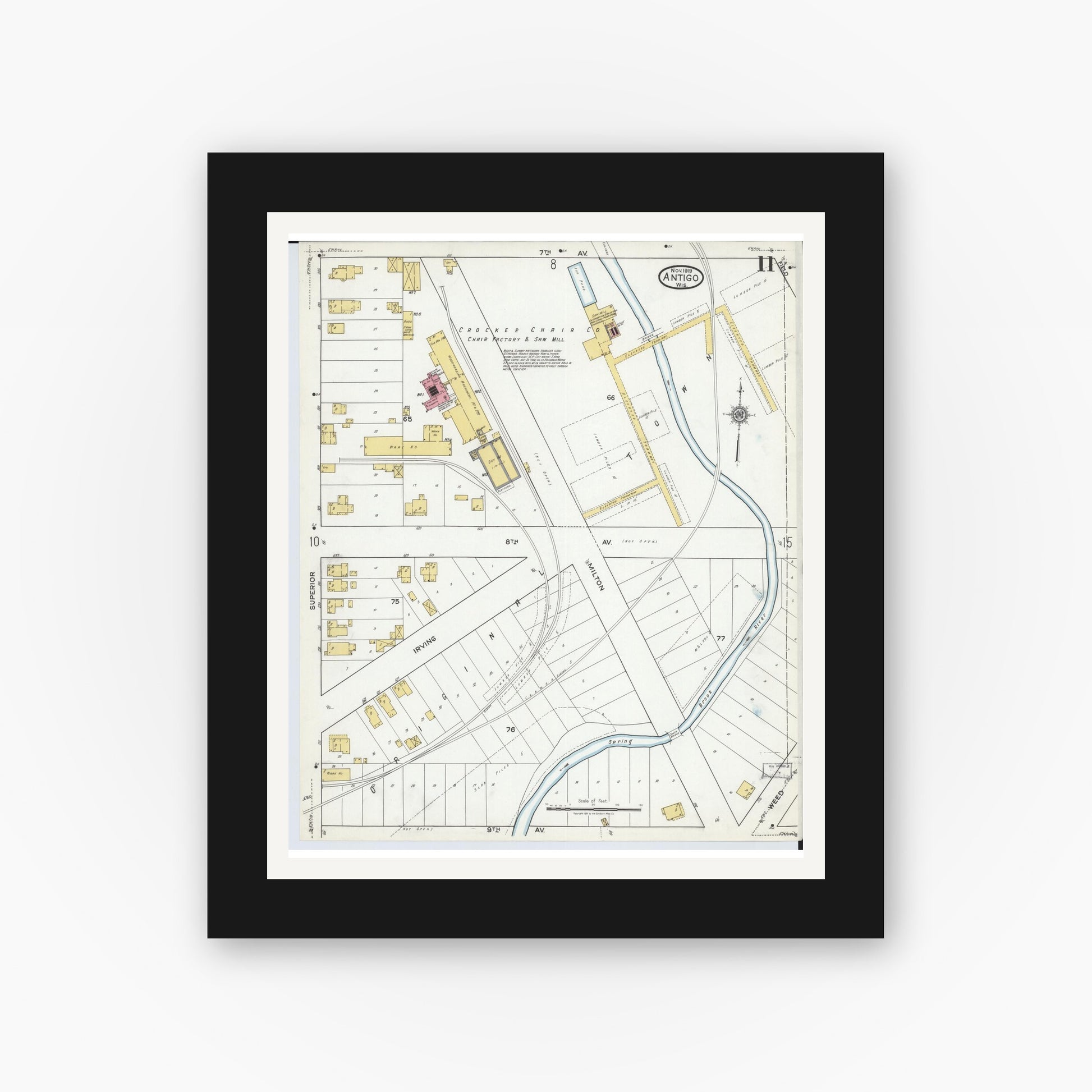 Old map wall art mockup — black gallery frame with white mat — Sanborn Fire Insurance Map from Antigo, Langlade County, Wisconsin (1919), Sheet #0011