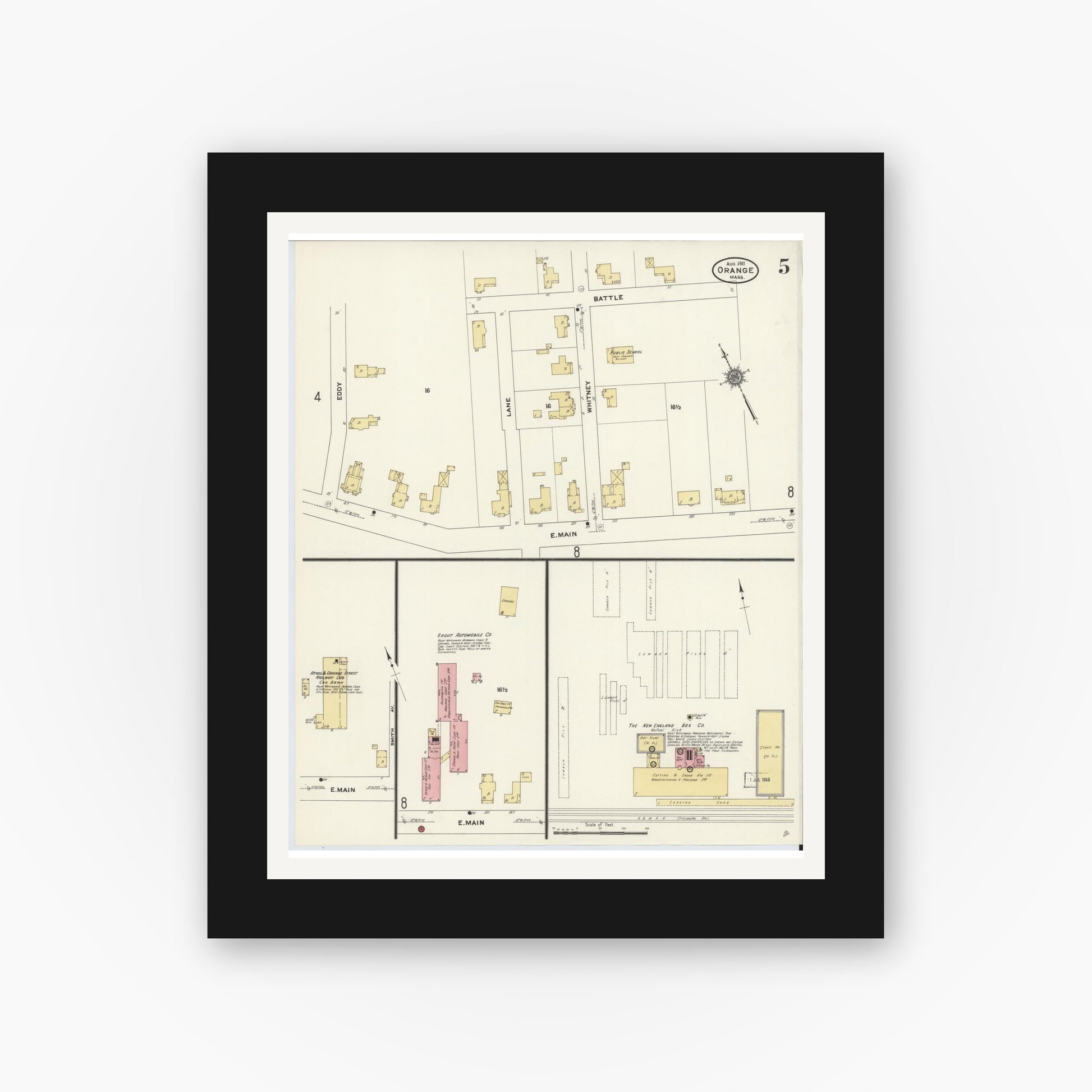 Old map wall art mockup — black gallery frame with white mat — Sanborn Fire Insurance Map from Orange, Franklin County, Massachusetts (1911), Sheet #0005