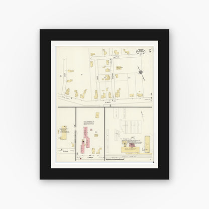 Old map wall art mockup — black gallery frame with white mat — Sanborn Fire Insurance Map from Orange, Franklin County, Massachusetts (1911), Sheet #0005