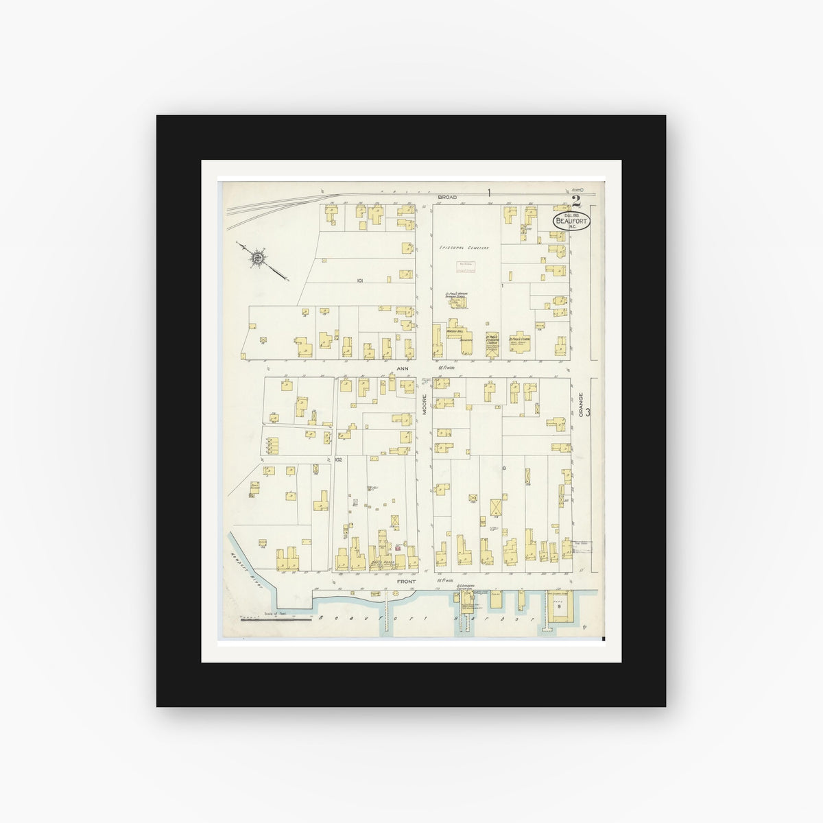 Old map wall art mockup — black gallery frame with white mat — Sanborn Fire Insurance Map from Beaufort, Carteret County, North Carolina (1913), Sheet #0002