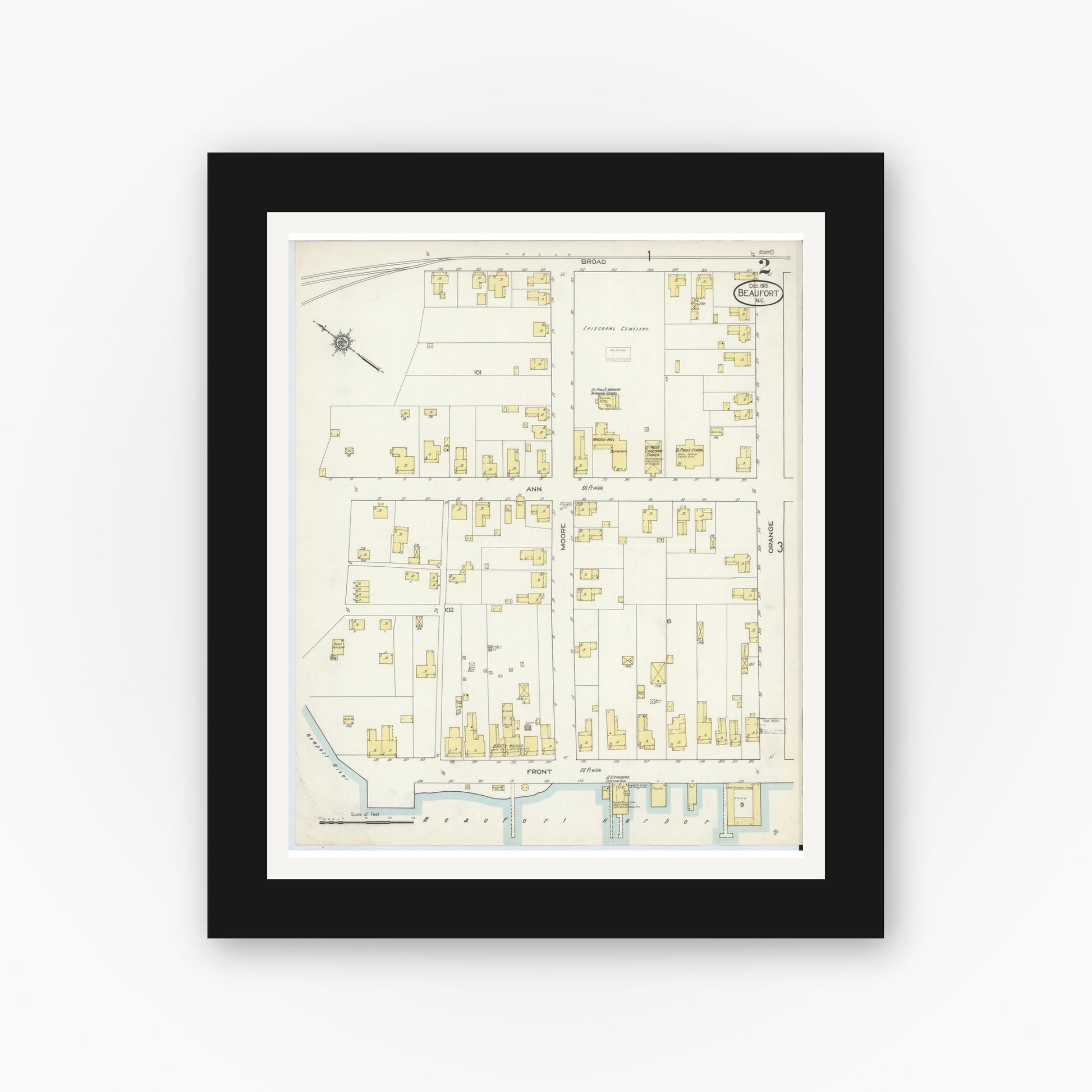Old map wall art mockup — black gallery frame with white mat — Sanborn Fire Insurance Map from Beaufort, Carteret County, North Carolina (1913), Sheet #0002