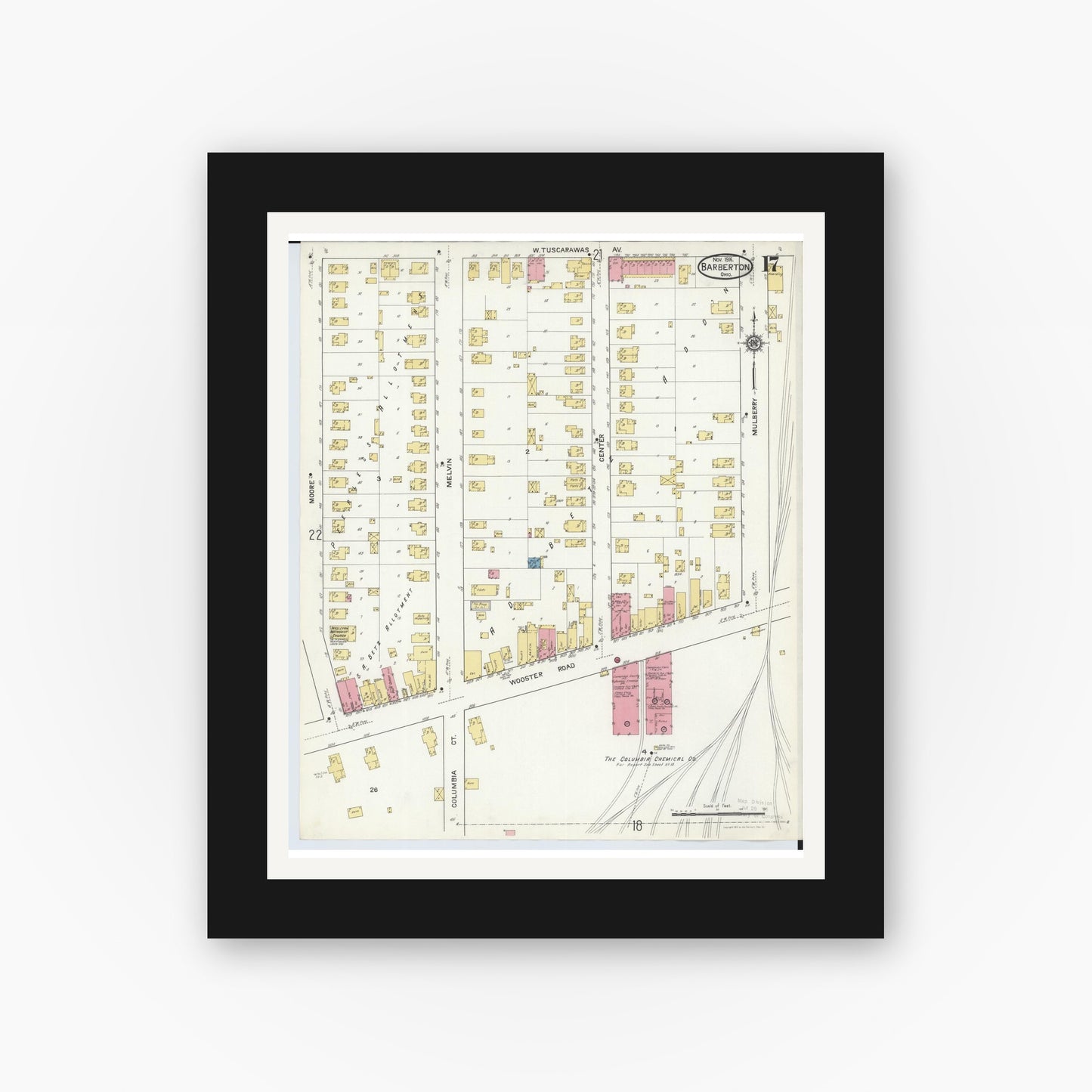 Old map wall art mockup — black gallery frame with white mat — Sanborn Fire Insurance Map from Barberton, Summit County, Ohio (1916), Sheet #0017