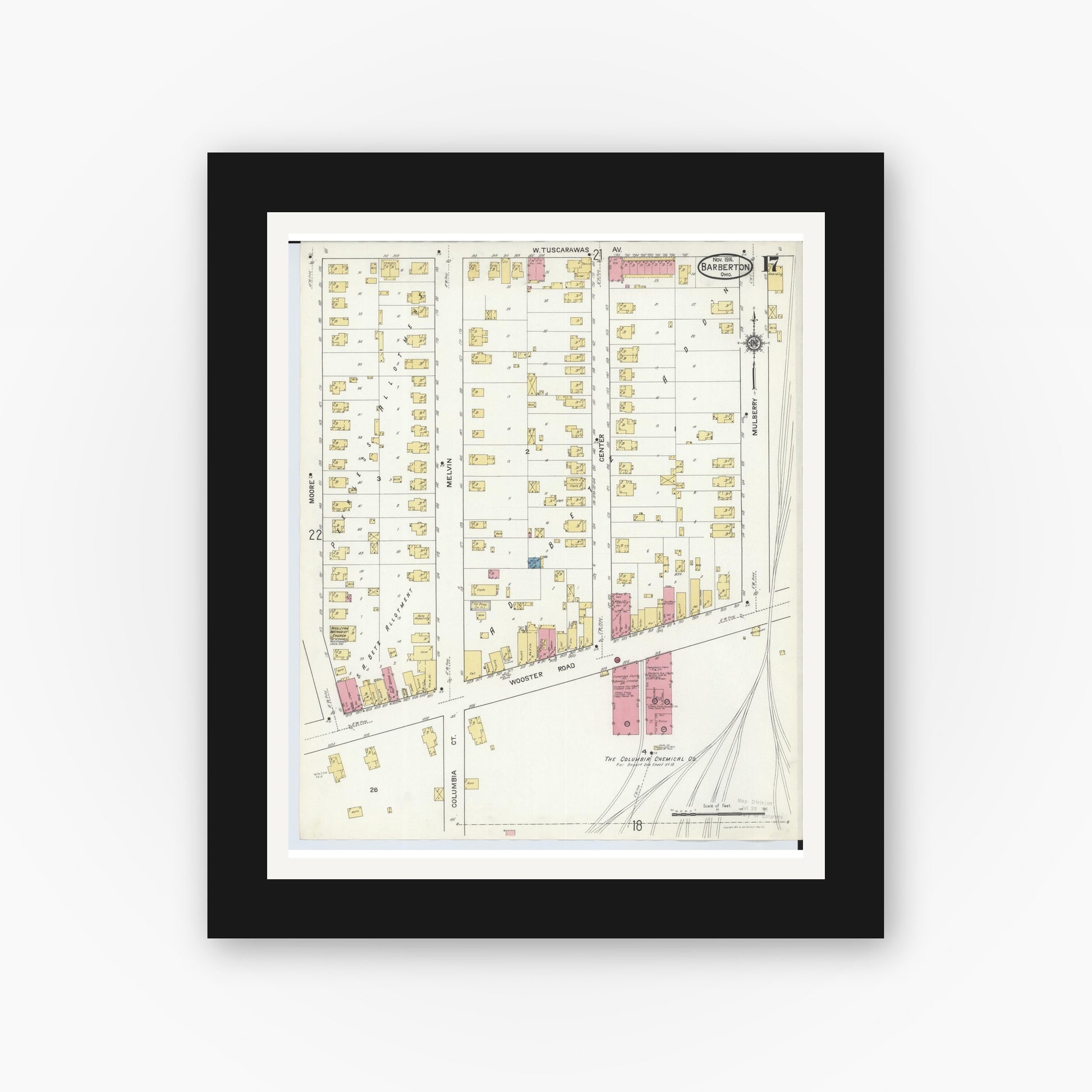 Old map wall art mockup — black gallery frame with white mat — Sanborn Fire Insurance Map from Barberton, Summit County, Ohio (1916), Sheet #0017