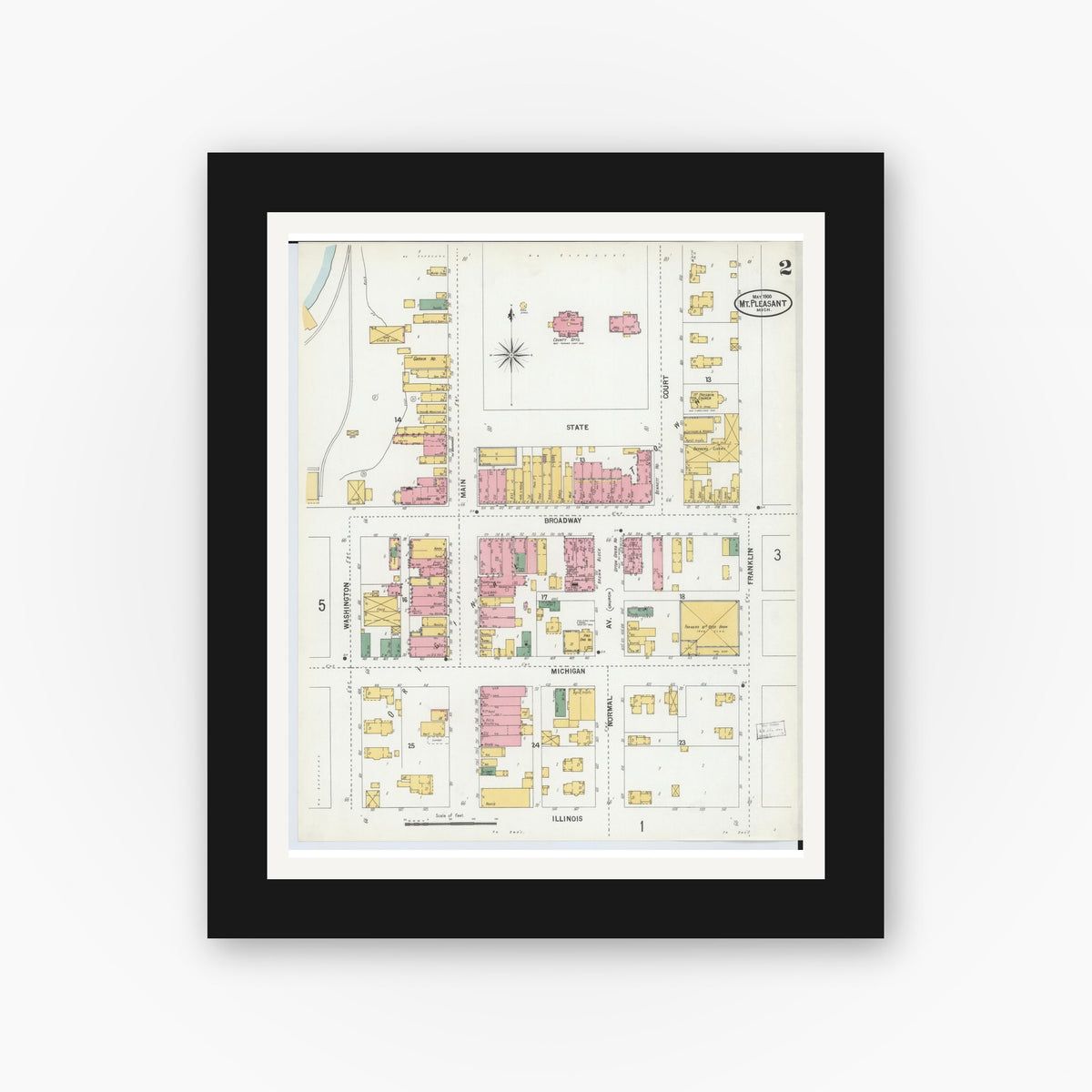 Old map wall art mockup — black gallery frame with white mat — Sanborn Fire Insurance Map from Mount Pleasant, Isabella County, Michigan (1900), Sheet #0002