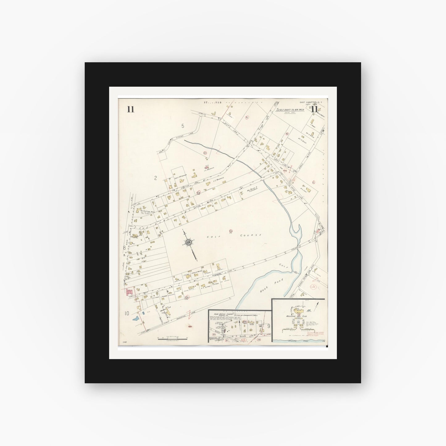 Old map wall art mockup — black gallery frame with white mat — Sanborn Fire Insurance Map from Easthampton, Suffolk County, New York (1943), Sheet #0011