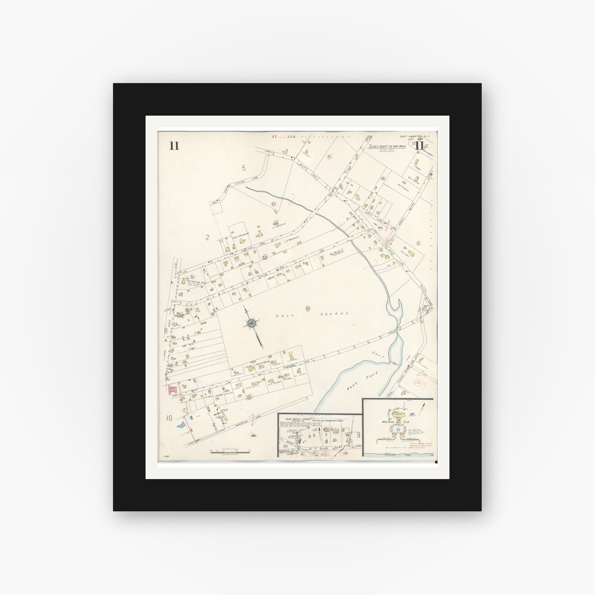 Old map wall art mockup — black gallery frame with white mat — Sanborn Fire Insurance Map from Easthampton, Suffolk County, New York (1943), Sheet #0011