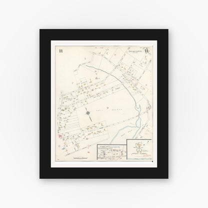 Old map wall art mockup — black gallery frame with white mat — Sanborn Fire Insurance Map from Easthampton, Suffolk County, New York (1943), Sheet #0011