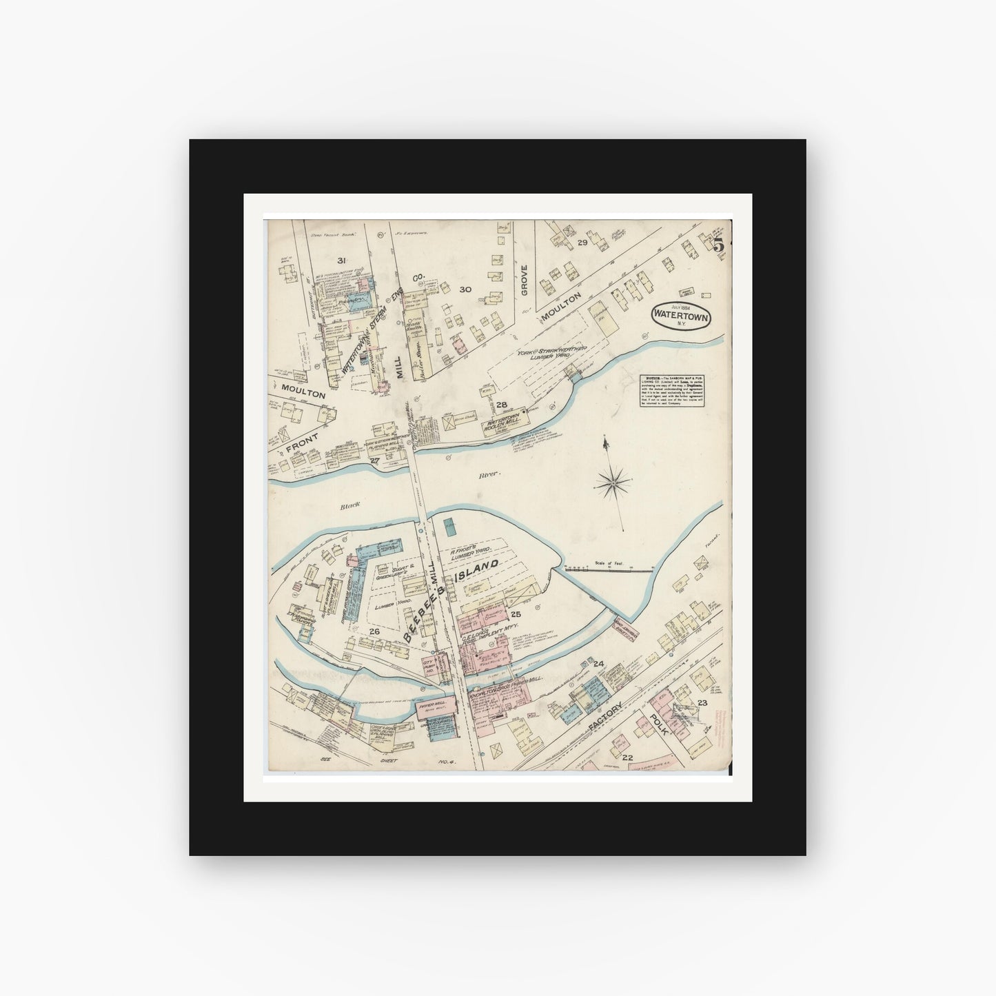 Old map wall art mockup — black gallery frame with white mat — Sanborn Fire Insurance Map from Watertown, Jefferson County, New York (1884), Sheet #0005