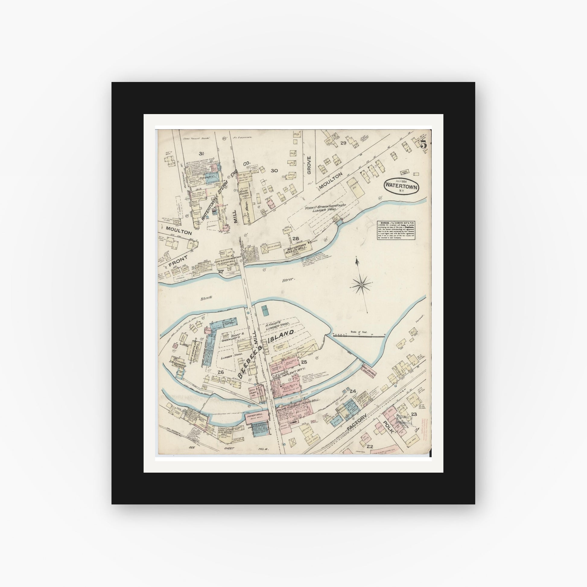 Old map wall art mockup — black gallery frame with white mat — Sanborn Fire Insurance Map from Watertown, Jefferson County, New York (1884), Sheet #0005
