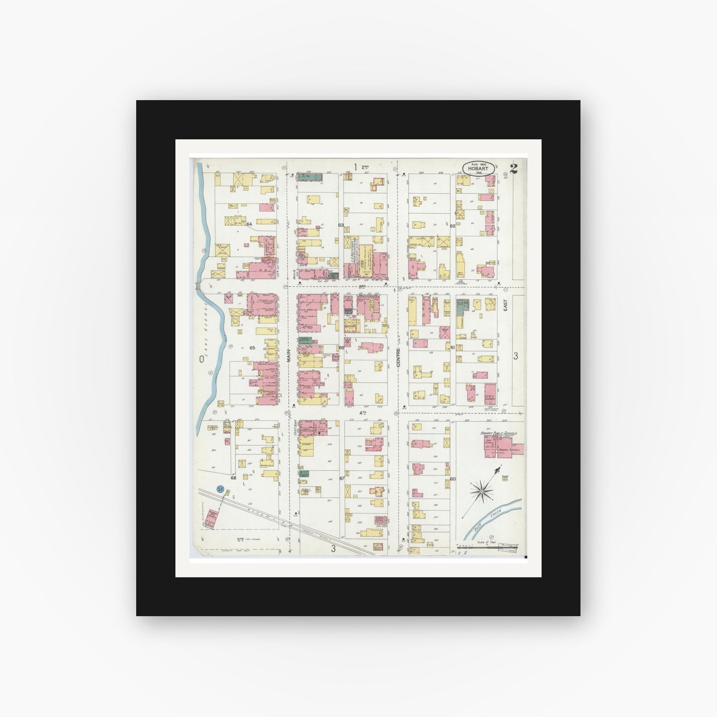 Old map wall art mockup — black gallery frame with white mat — Sanborn Fire Insurance Map from Hobart, Lake County, Indiana (1902), Sheet #0002
