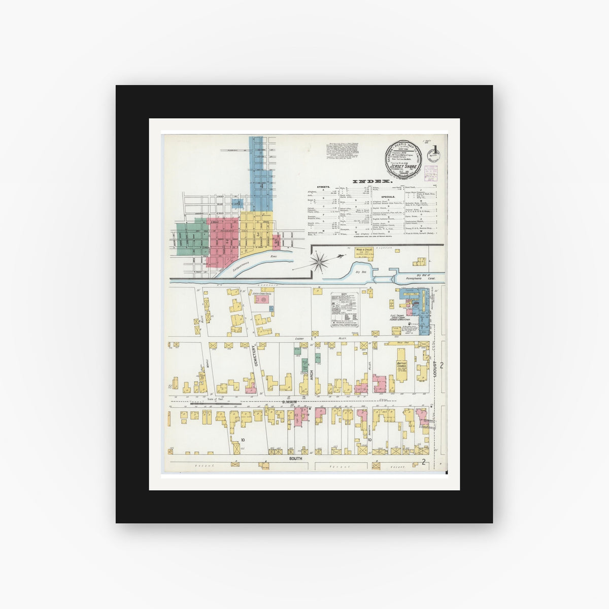 Old map wall art mockup — black gallery frame with white mat — Sanborn Fire Insurance Map from Jersey Shore, Lycoming County, Pennsylvania (1901) - Complete Map Set