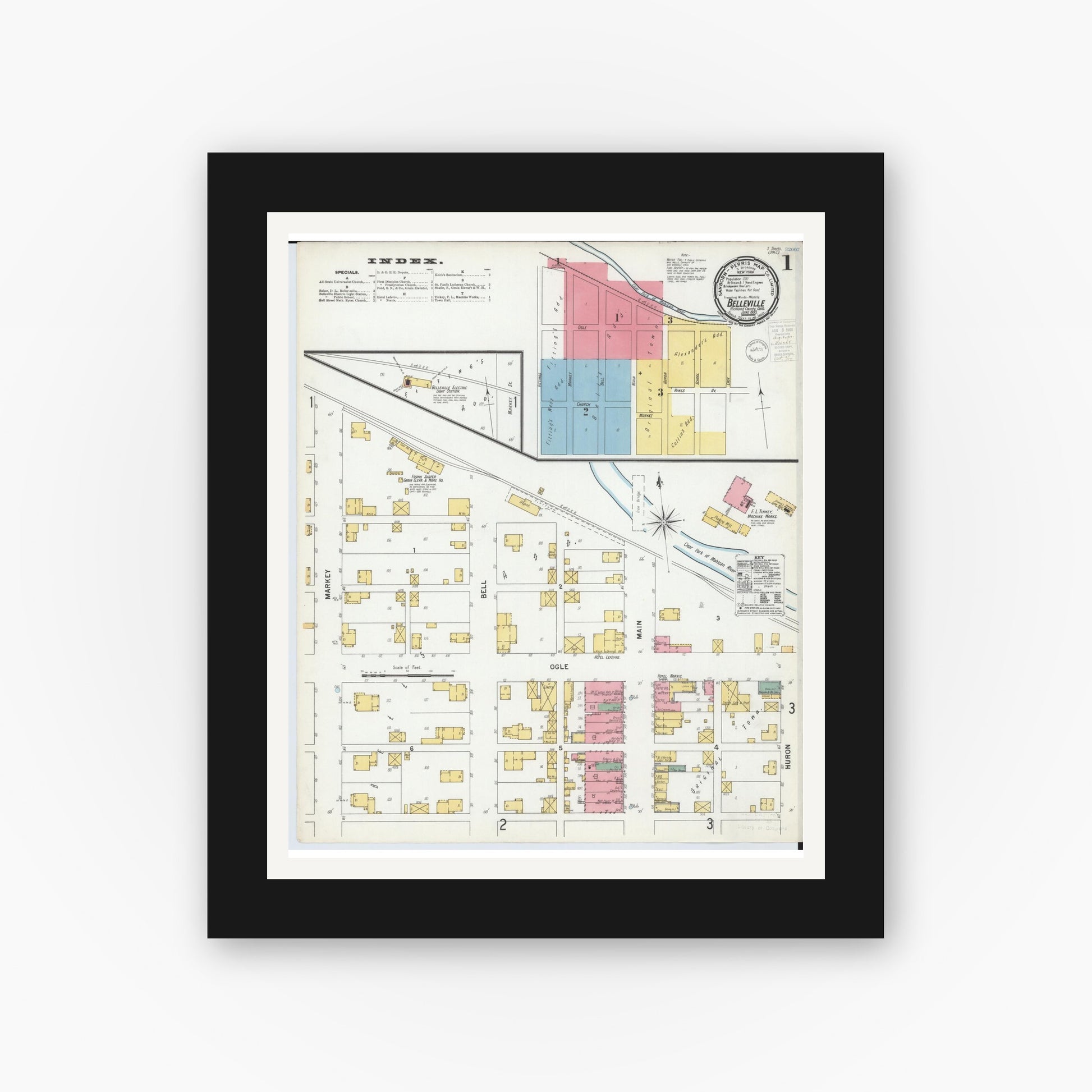 Old map wall art mockup — black gallery frame with white mat — Sanborn Fire Insurance Map from Bellville, Richland County, Ohio (1900) - Complete Map Set