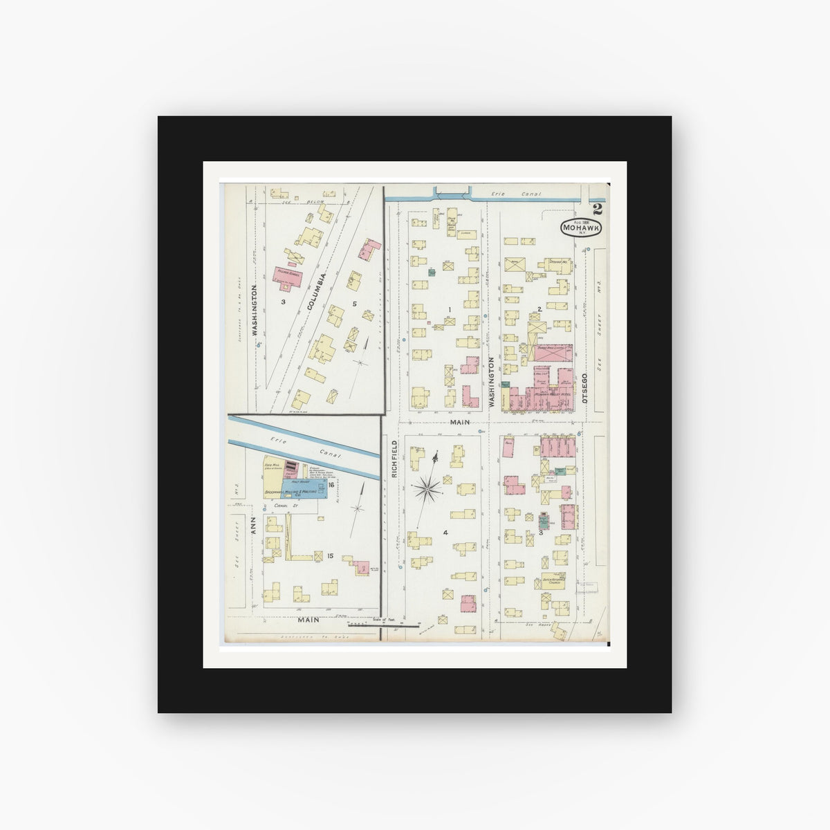Old map wall art mockup — black gallery frame with white mat — Sanborn Fire Insurance Map from Mohawk, Herkimer County, New York (1891), Sheet #0002