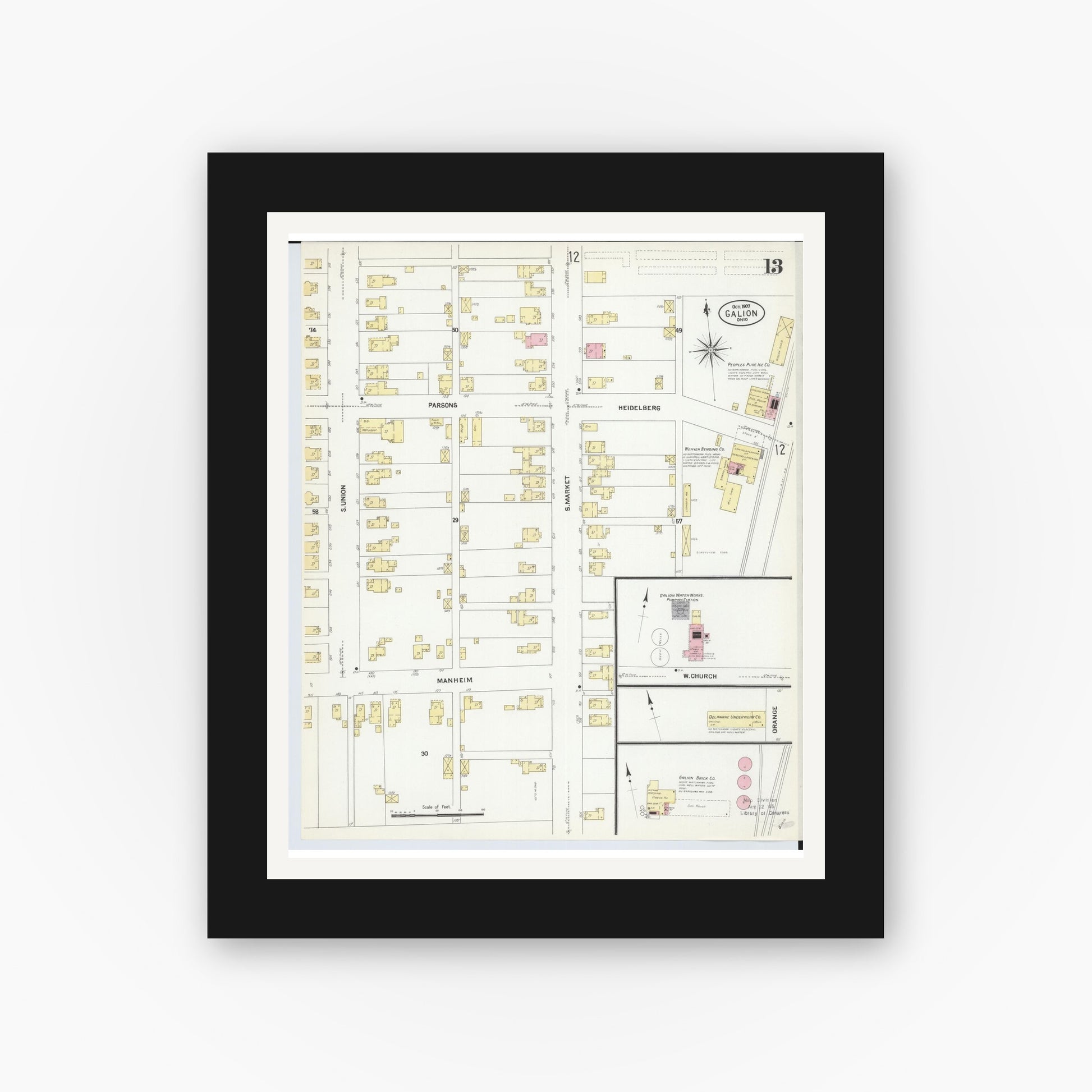 Old map wall art mockup — black gallery frame with white mat — Sanborn Fire Insurance Map from Galion, Crawford County, Ohio (1907), Sheet #0013