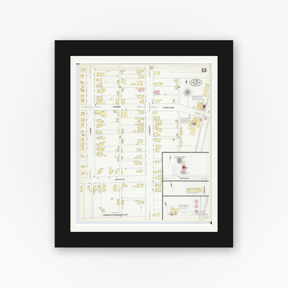 Old map wall art mockup — black gallery frame with white mat — Sanborn Fire Insurance Map from Galion, Crawford County, Ohio (1907), Sheet #0013