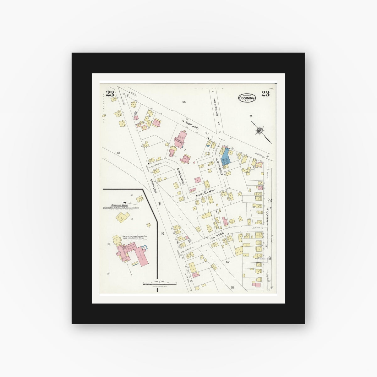 Old map wall art mockup — black gallery frame with white mat — Sanborn Fire Insurance Map from Ossining, Westchester County, New York (1924), Sheet #0023